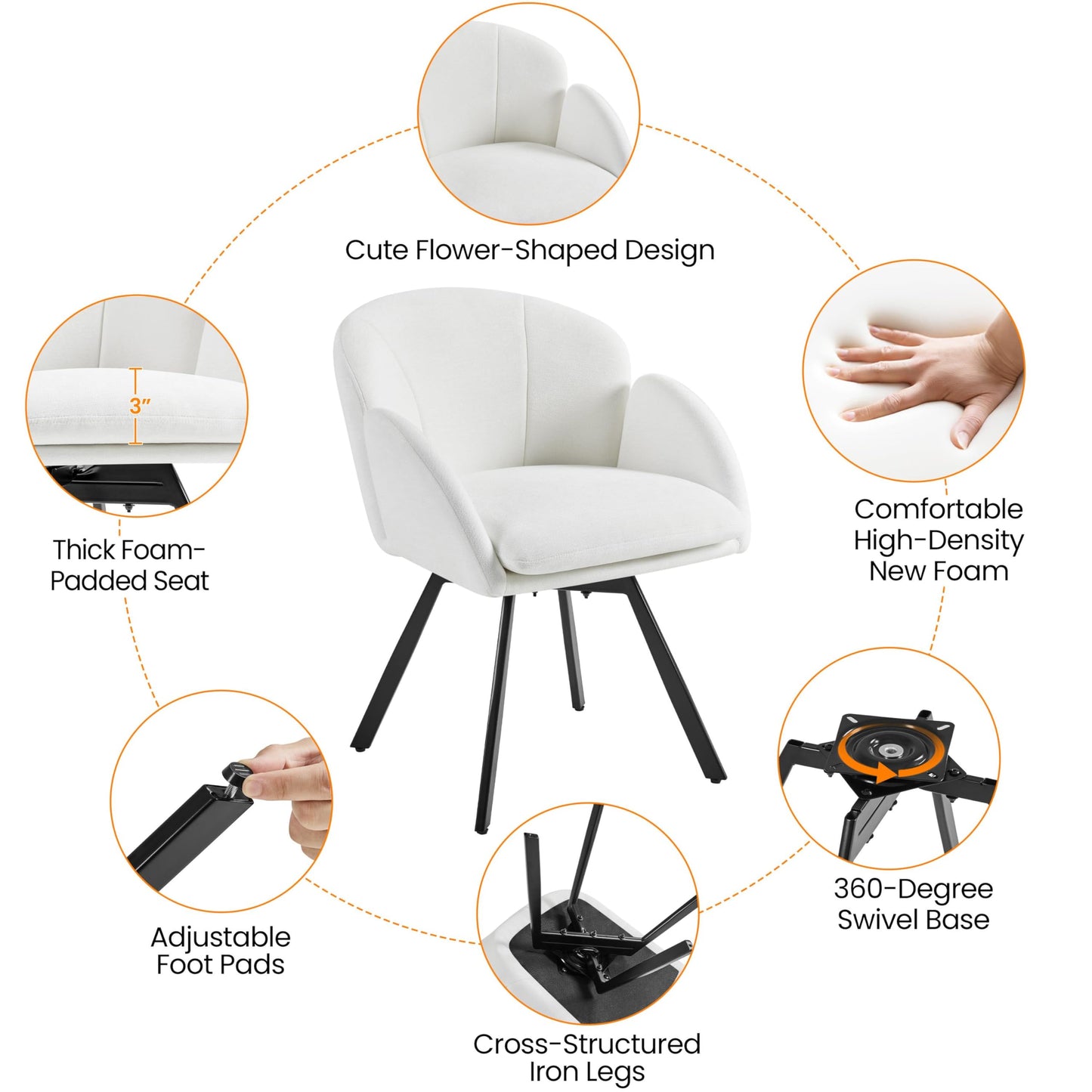 Yaheetech Swivel Accent Chair, Flower Chenille Armchair, Vanity Chair Side Chair with 360-Degree Swivel Base and Seat Cushion for Living Room/Bedroom/Home Office/Makeup, White