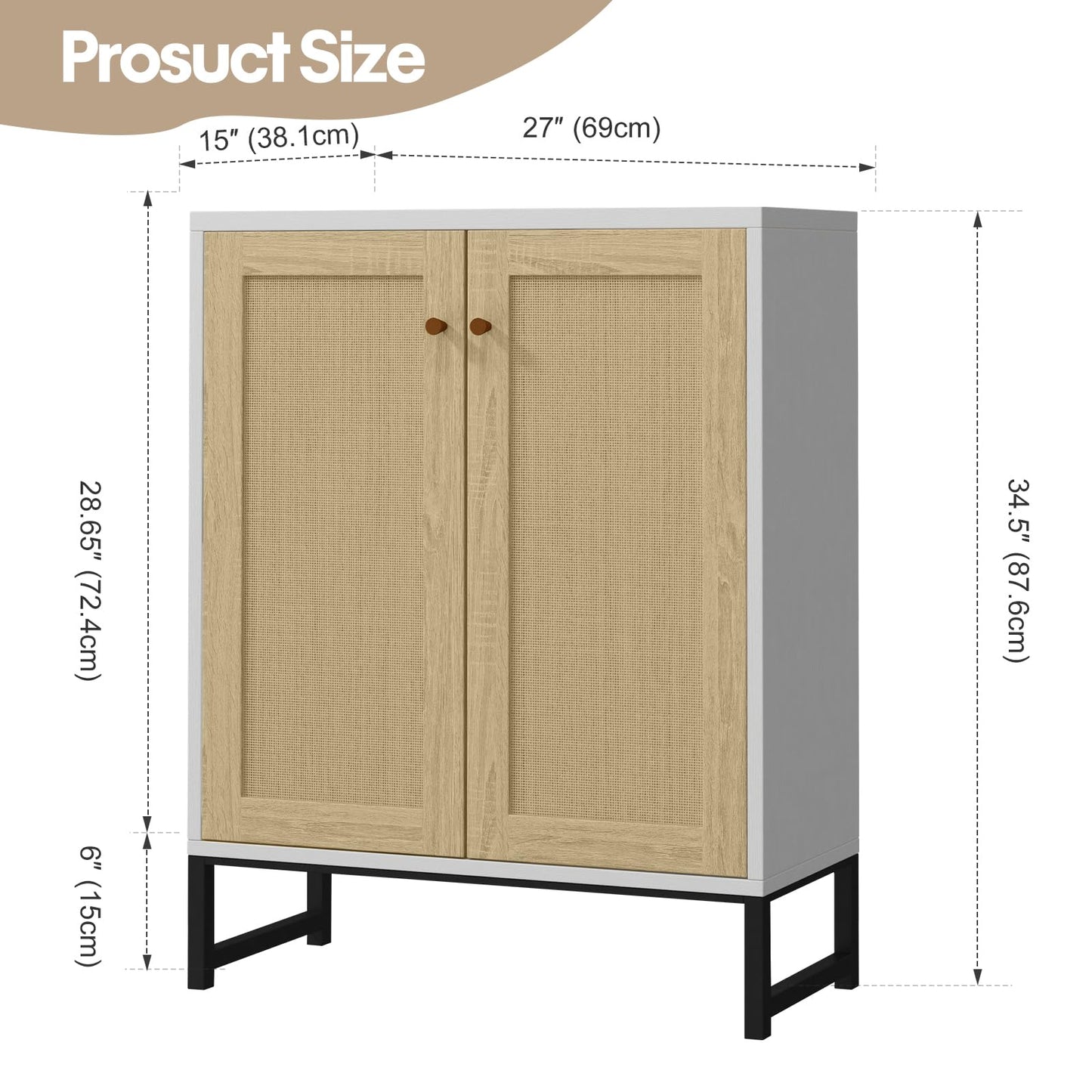 Panana Rattan Decorated 2 Doors Storage Cabinet Accent Cabinet Living Room Cupboard Kitchen Sideboard Buffet Table (White)