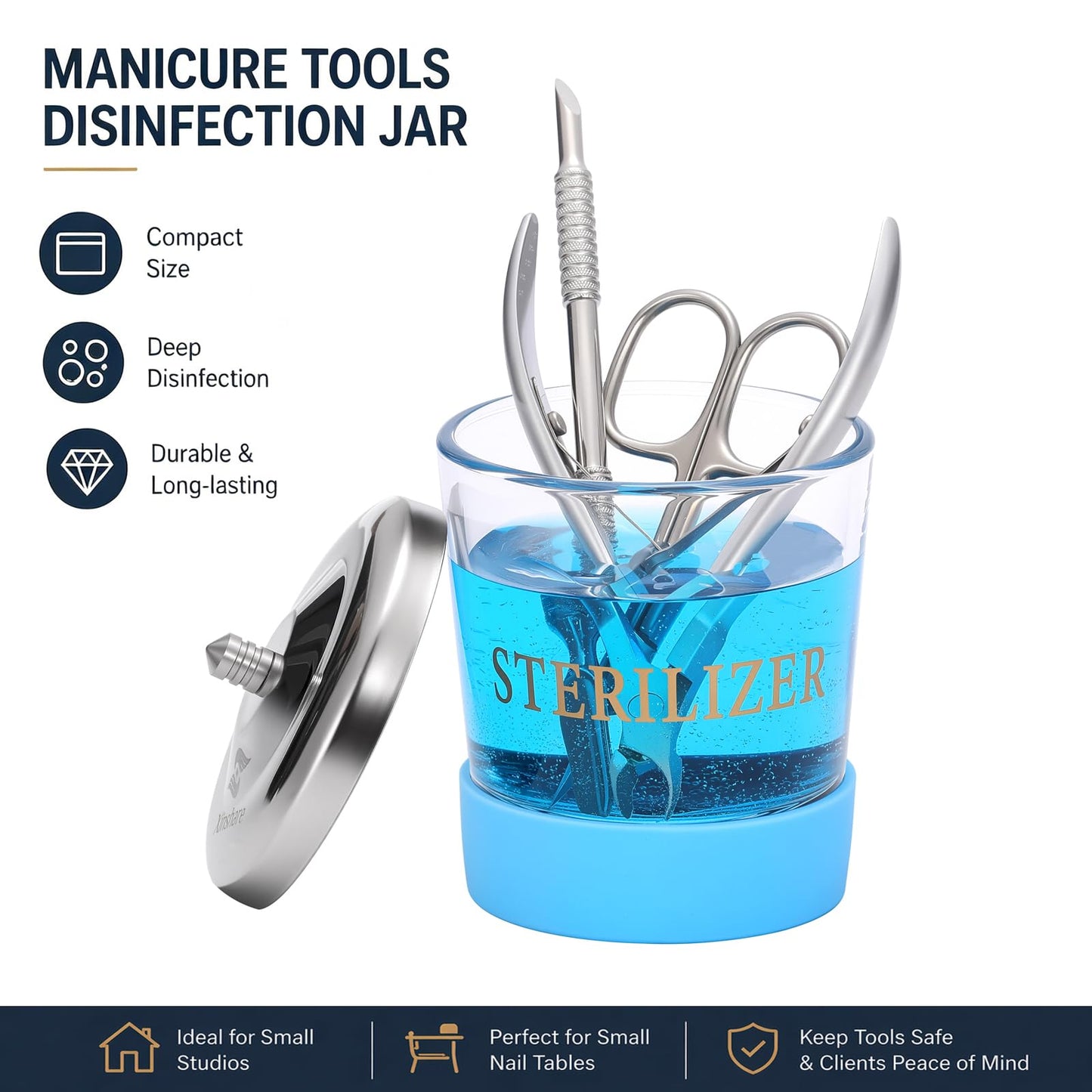 Xinshare Nail Tool Disinfectant Jar, 5Oz Glass Durable Manicure Pedicure Implements Sterilizer Container,Salon Storage & Organizer for Nail Art Tools Beauty Centers Equipment Cleaning, Blue