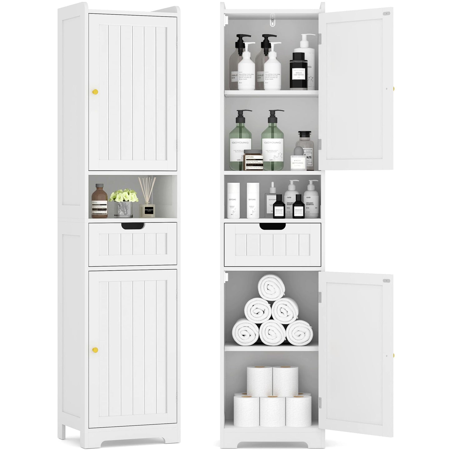 TidyHaven 67" H Tall Bathroom Storage Cabinet, Slim Narrow Organizer with Adjustable Shelves, 2 Doors & 1 Drawer, Freestanding Floor Cabinet for Bathroom, Kitchen, Living Room (White)