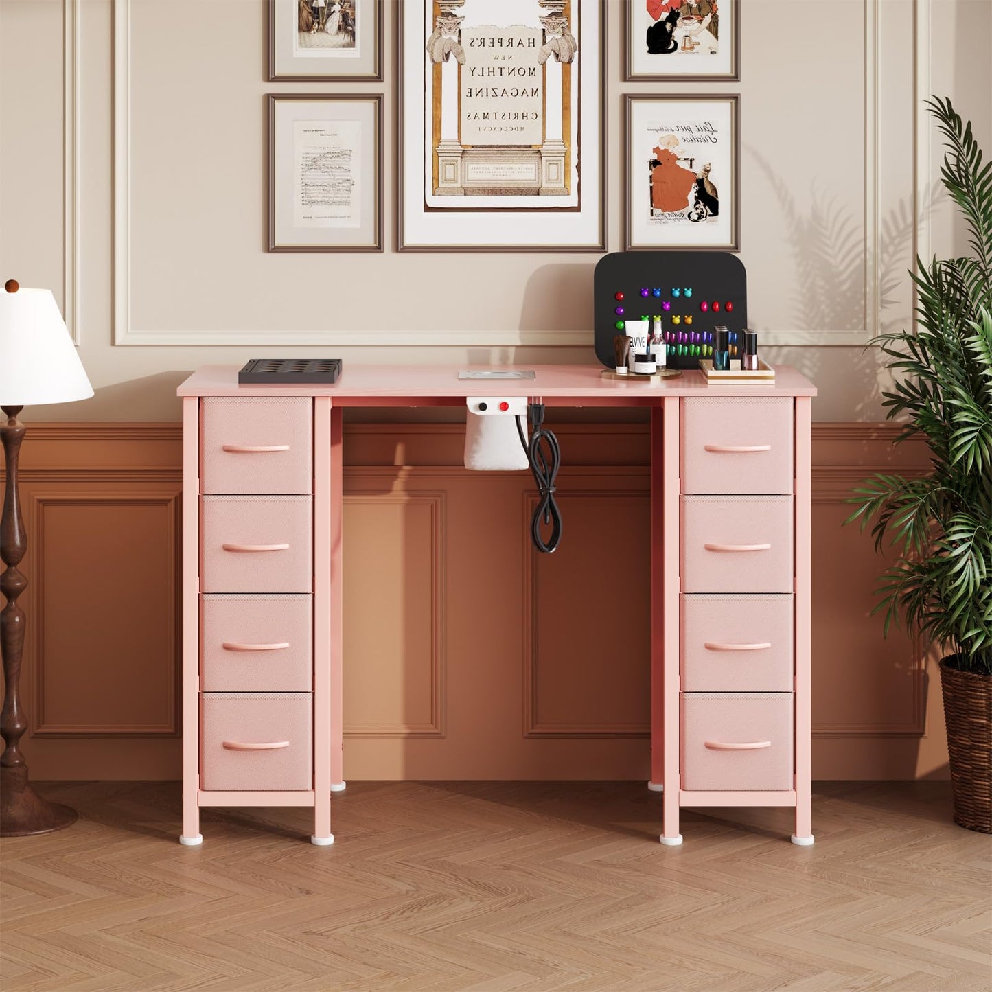 DrawXynth Nail Desk, Manicure Table, Nail Beauty Salon Workstation w/Electric Dust Collector, 8 Fabric Drawers