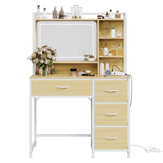 GarveeHome Vanity Desk with Mirror, 35.4” Makeup Vanity Table with Shelves, 4 Fabric Drawers Storage, Modern Dressing Table for Bedroom, Gift for Women