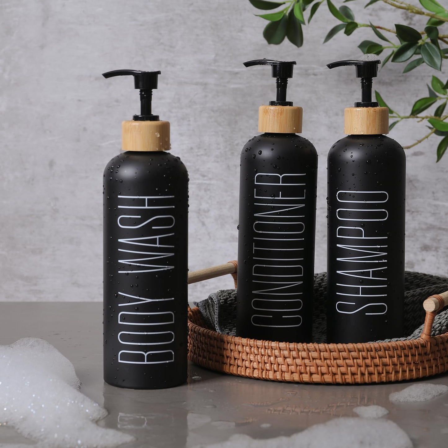 HOMCDALY 16oz 3-Pack Refillable Black Bathroom Shower Set - Empty Bottles with Pump for Shampoo, Conditioner, or Body Wash