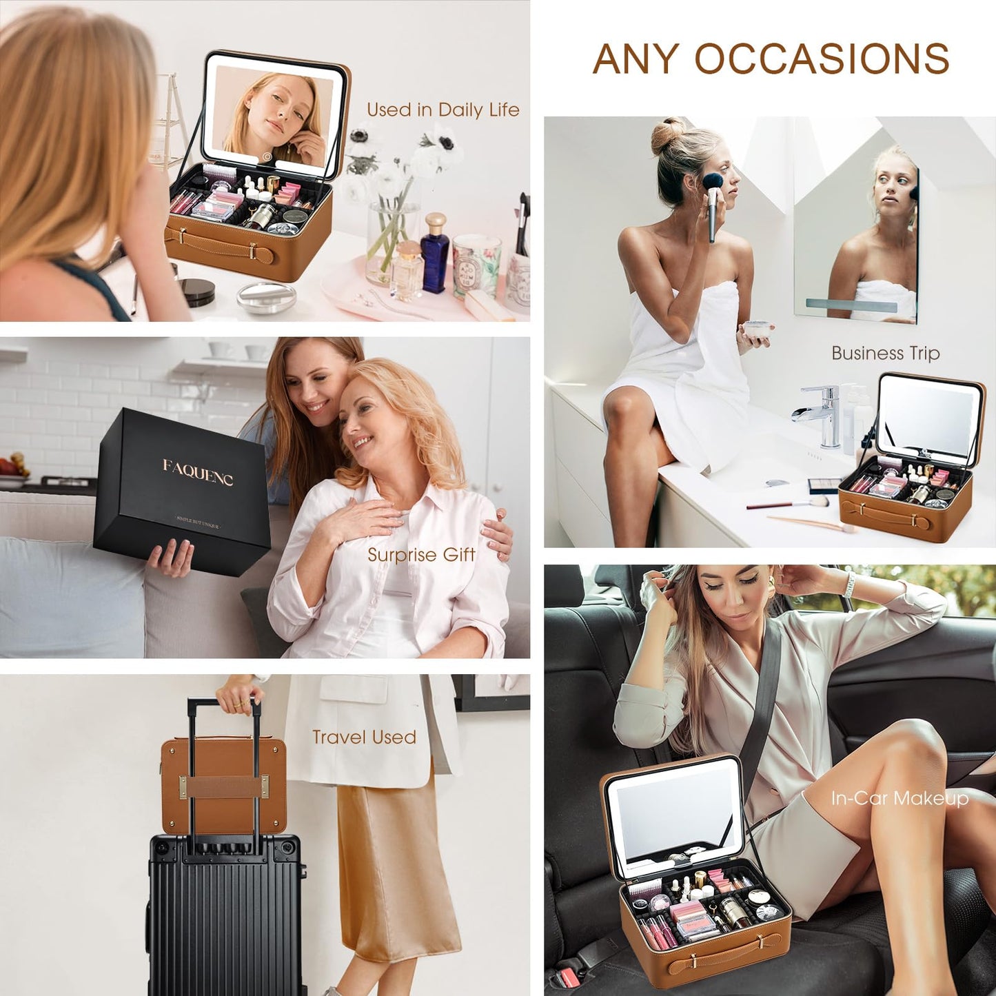 Faquenc Leather Makeup Case with LED Lighted Mirror 11.4 Inch Travel Makeup Bag Adjustable Brightness in 3 Colors Cosmetic Organizer Artist Storage Bag with Dividers Brush Holder Bag Vanity Brown