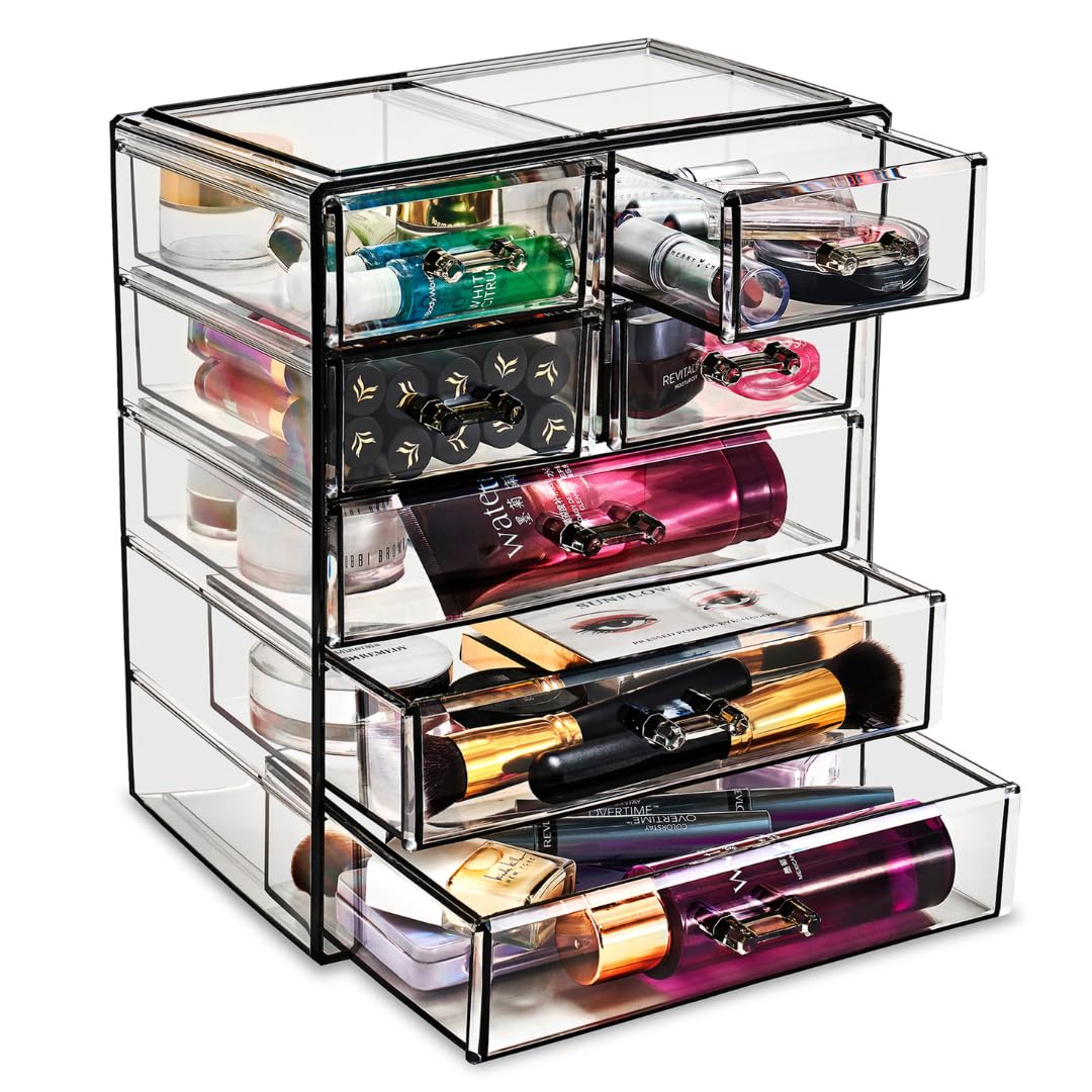 Sorbus Acrylic Makeup Organizer Set, 7-Drawer Vanity & Countertop Cosmetic Storage with Small & Wide Drawers, Black Jewel Makeup Storage for Brushes, Lipsticks, Jewelry, Holiday Gift for Women & Teens