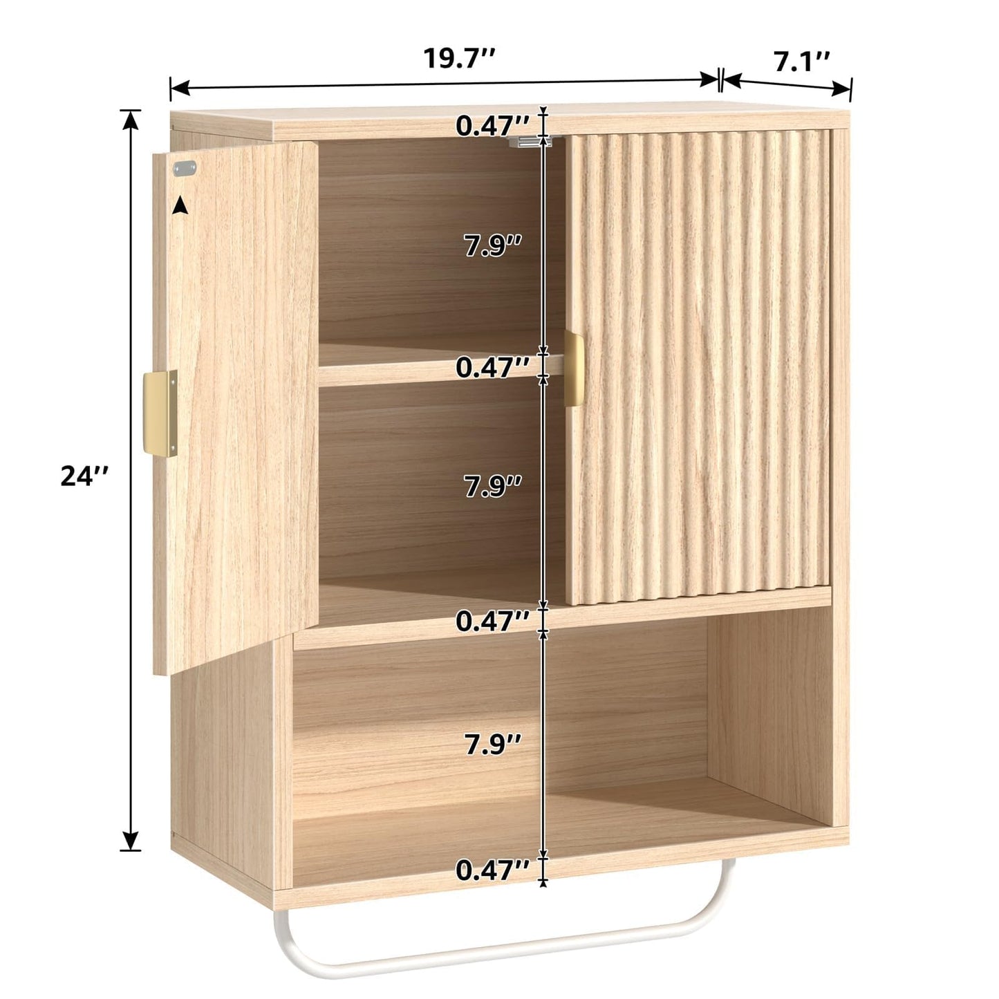 Bathroom Wall Cabinet No Mirror – Fluted Wood Medicine Cabinet with Towel Bar, Surface Mount Storage Organizer Over Toilet, Rustic Farmhouse Hanging Cupboard with Doors for Over Sink (Natural Oak)