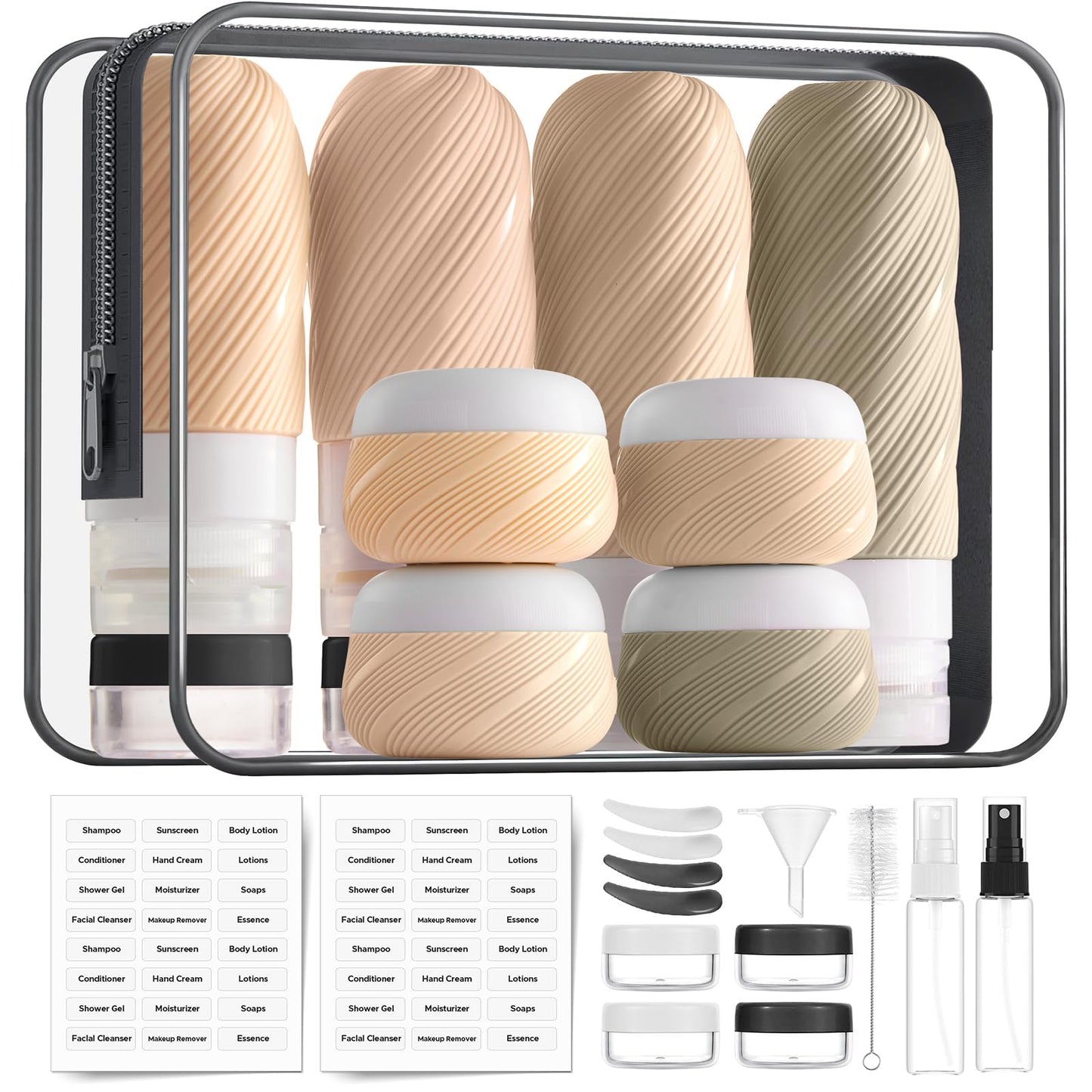 LitBear 23 Pack TSA Approved Travel Bottles for Toiletries, Leak Proof Refillable Travel Size Containers Kit with Silicone Squeezable Bottles Jars for Shampoo Lotion Conditioner, in Clear Bag, Brown