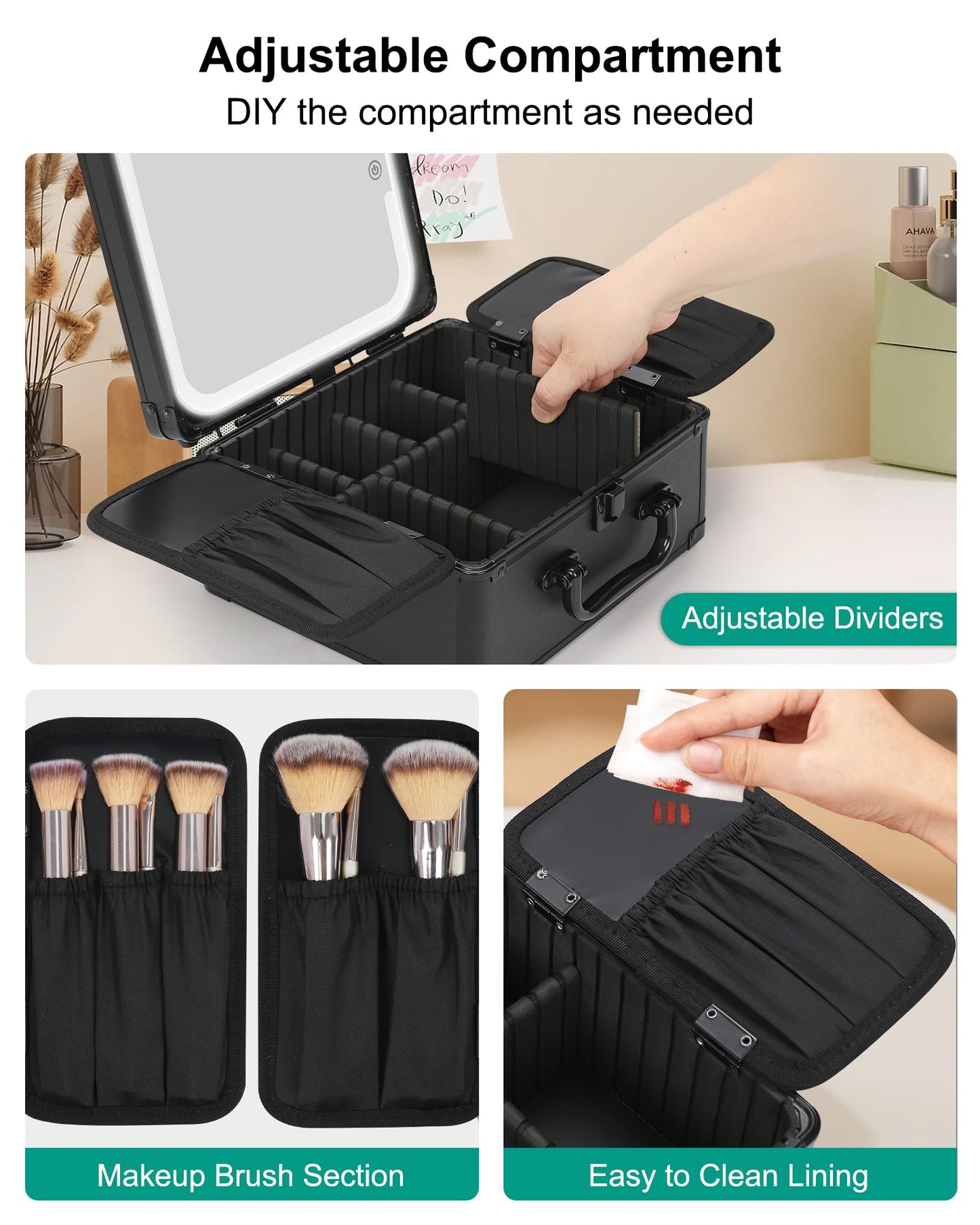 Relavel Birthday Gifts for Women Teen Girls, Initial Makeup Bag with LED Mirror Personalized Cosmetic Bag Travel Organizer Train Case, Teacher Graduation Gift Teen Girl Gifts Trendy Stuff, Black N