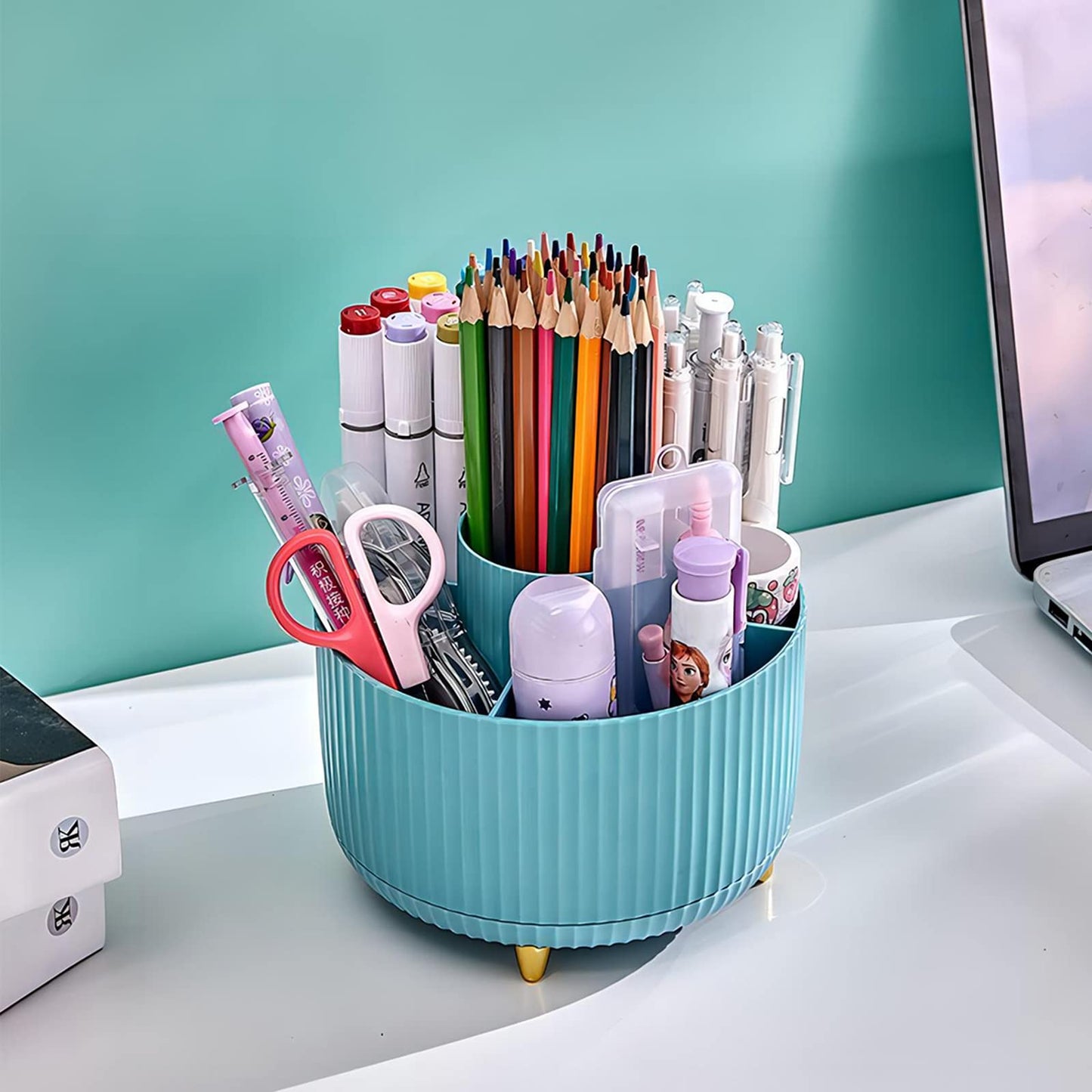 DASITON Large Capacity Makeup Brush Holder,360° Rotating Makeup Organizer,5 Slot Makeup Brushes Cup,for Vanity Decor,Bathroom Countertops,Desk Storage Container,Cosmetic Display cases(Blue)