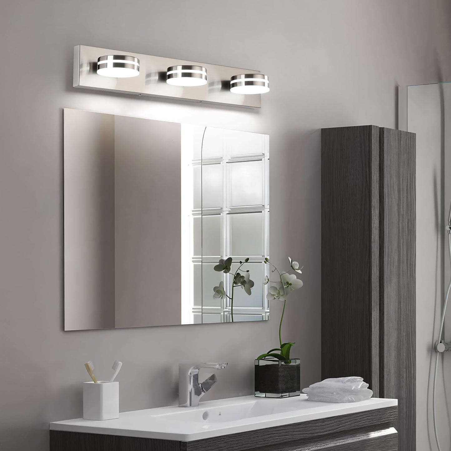 Bicrink Brushed Nickel Bathroom Vanity Light, (24in Dimmable) 3-Light Bathroom Light Fixtures Over Mirror, LED 5500K Vanity Lights with 360°Rotating Lamp Head