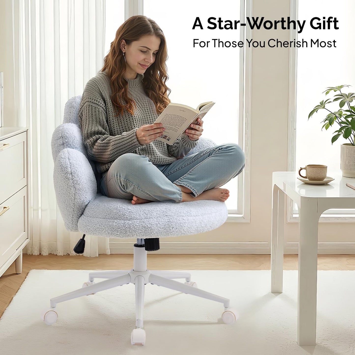 VINGLI Lovely Petal Vanity Desk Chair with Star Pillow, Height Adjustable Armless Swivel Chair in Vibrant Color-Blocking, Modern Computer Task Chair for Bedroom & Home Office, Teddy Fleece,Blue