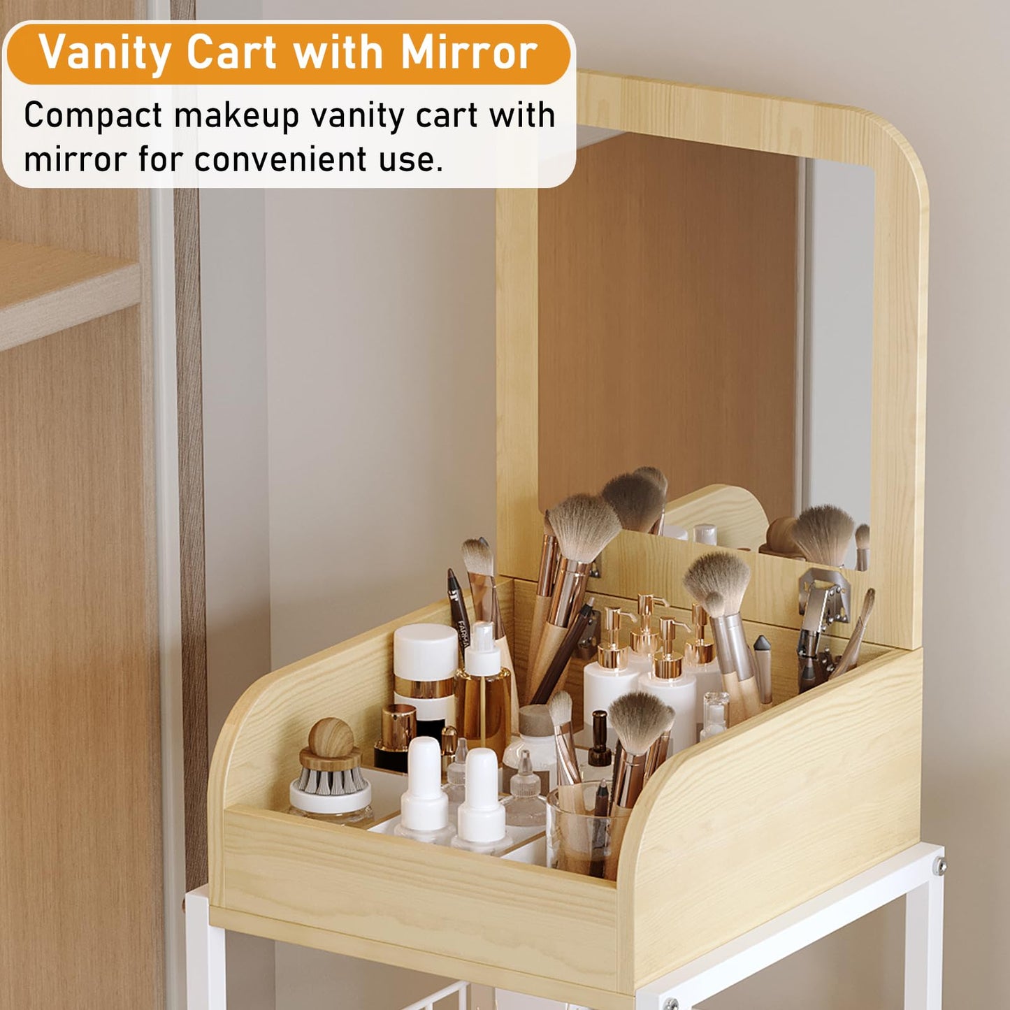 ZQUYAJ Makeup Organizer Cart with Vanity Mirror, Floor Skincare Organizers Make Up Organizers-Vanity Organizer Cosmetic Display Cases Holder for Skin Care Perfume Nail Polish Brush Hair Tool (White)