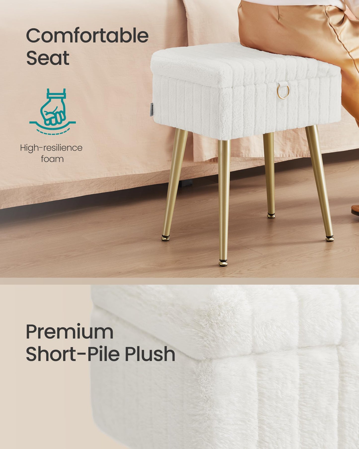 SONGMICS Vanity Stool Chair Faux Fur with Storage, Vanity Bench, Metal Legs, Adjustable Feet, for Living Room, Bedroom, Makeup Room, Cream White ULOM505WZ02