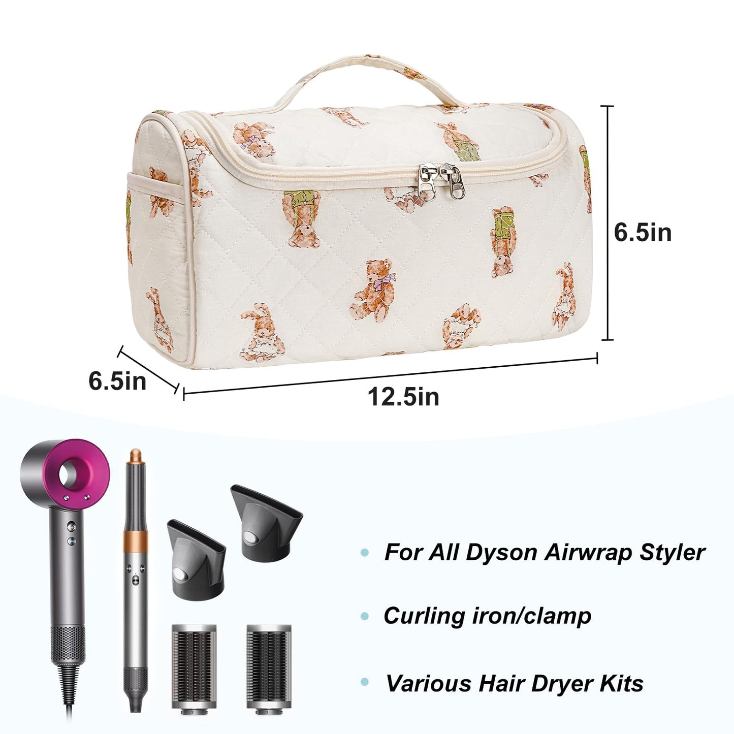 idoltimes Quilted Hair Tools Travel Bag, Cute Portable Organizer Case with Hanging Hook, Compatible with Dyson Airwrap Styler,Hair Curler Accessories
