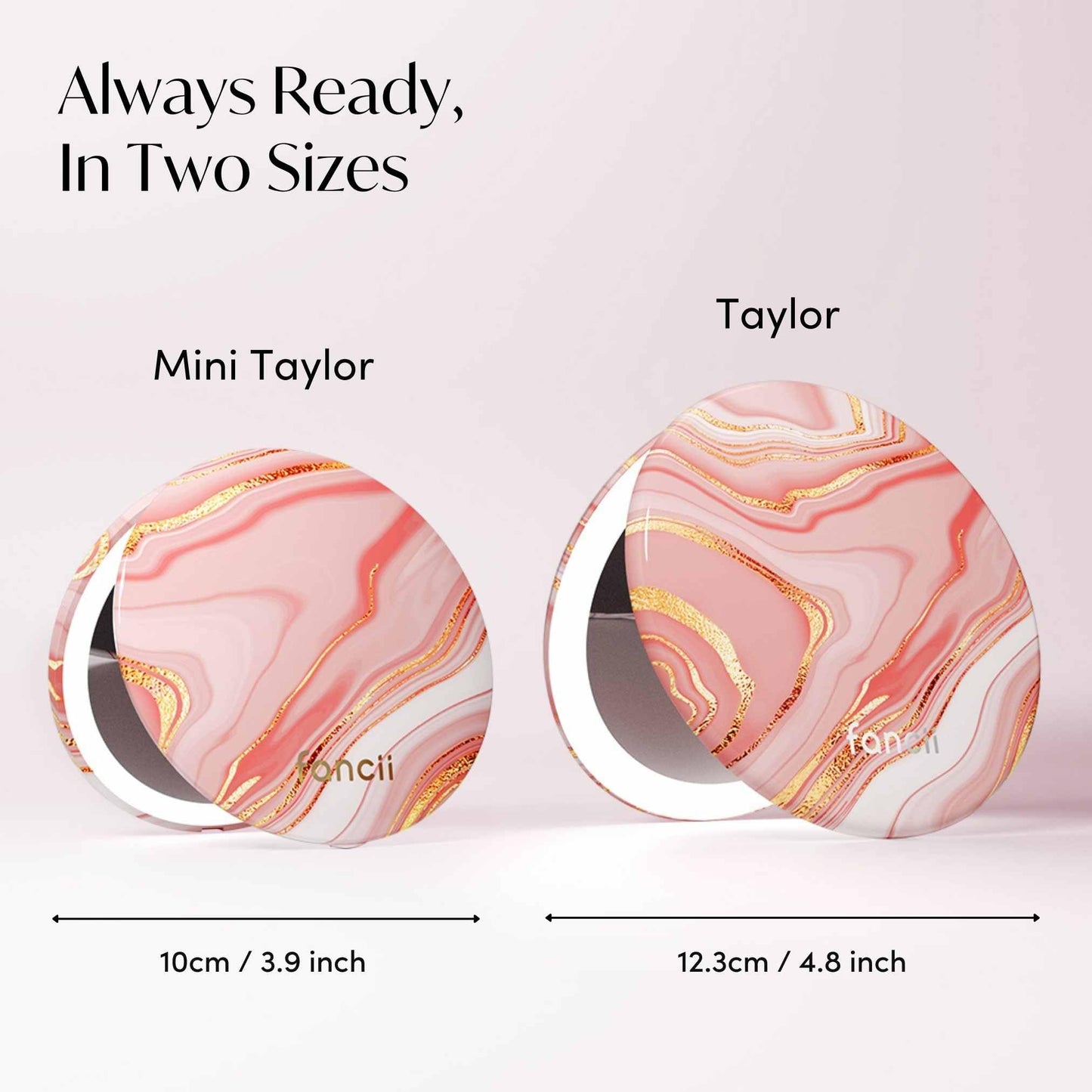 Fancii Mini Taylor Compact Magnifying Mirror with LED Light, 10x/1x, Rechargeable, 3 Light Settings, Dimmable - Small Lighted Travel Handheld Mirror for Pocket, Handbag, Purse, 2-Sided (Marble Rose)