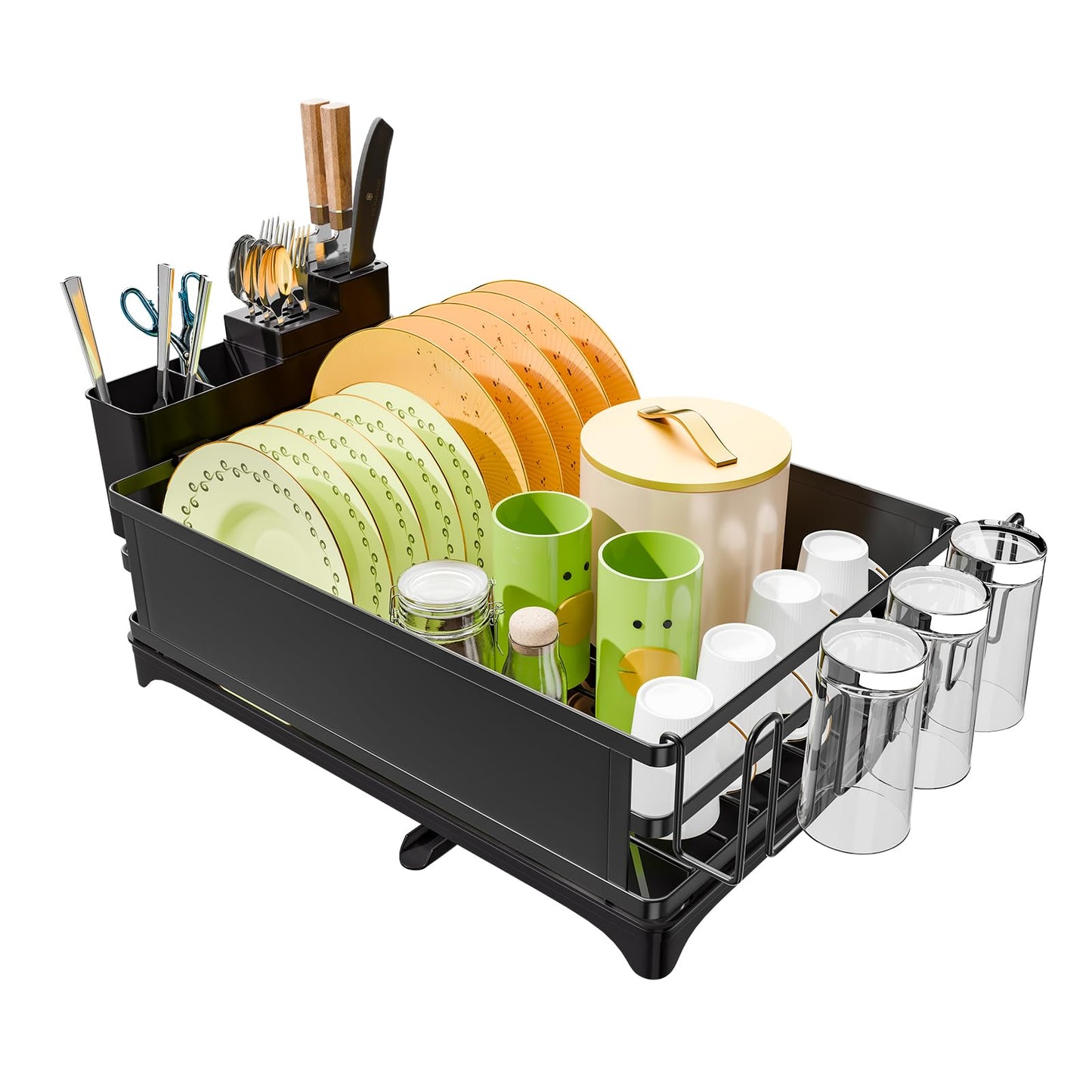 Simple Trending Dish Drying Rack, Space-Saving Large Dish Rack for Kitchen Counter, Anti-Rust Dish Drainer with Cutlery & Cup Holders, Black