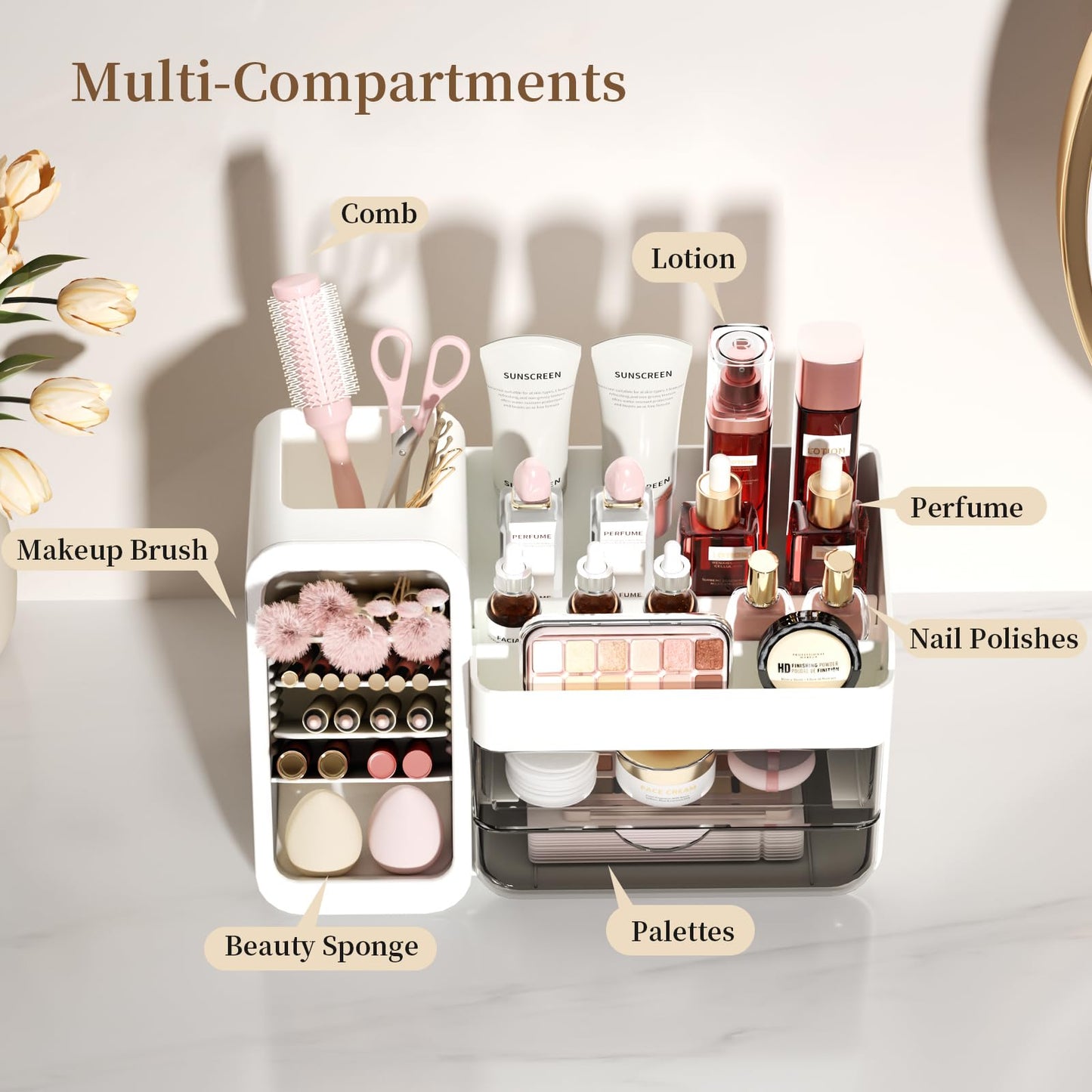 Makeup Organizer for Vanity with 5 Adjustable Dividers & 2 Clear Drawers, Large Make Up Brush & Perfume Holder, Cosmetic Display Cases Skincare Storage for Bathroom Countertop, Office Desktop, Pantry
