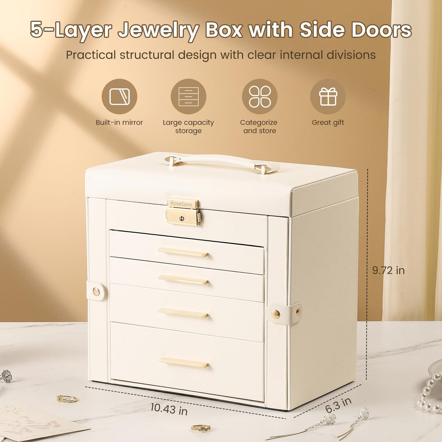 RoseGem Synthetic Leather Huge Jewelry Box Mirrored Watch Organizer Necklace Ring Earring Storage Lockable Gift Case (White)