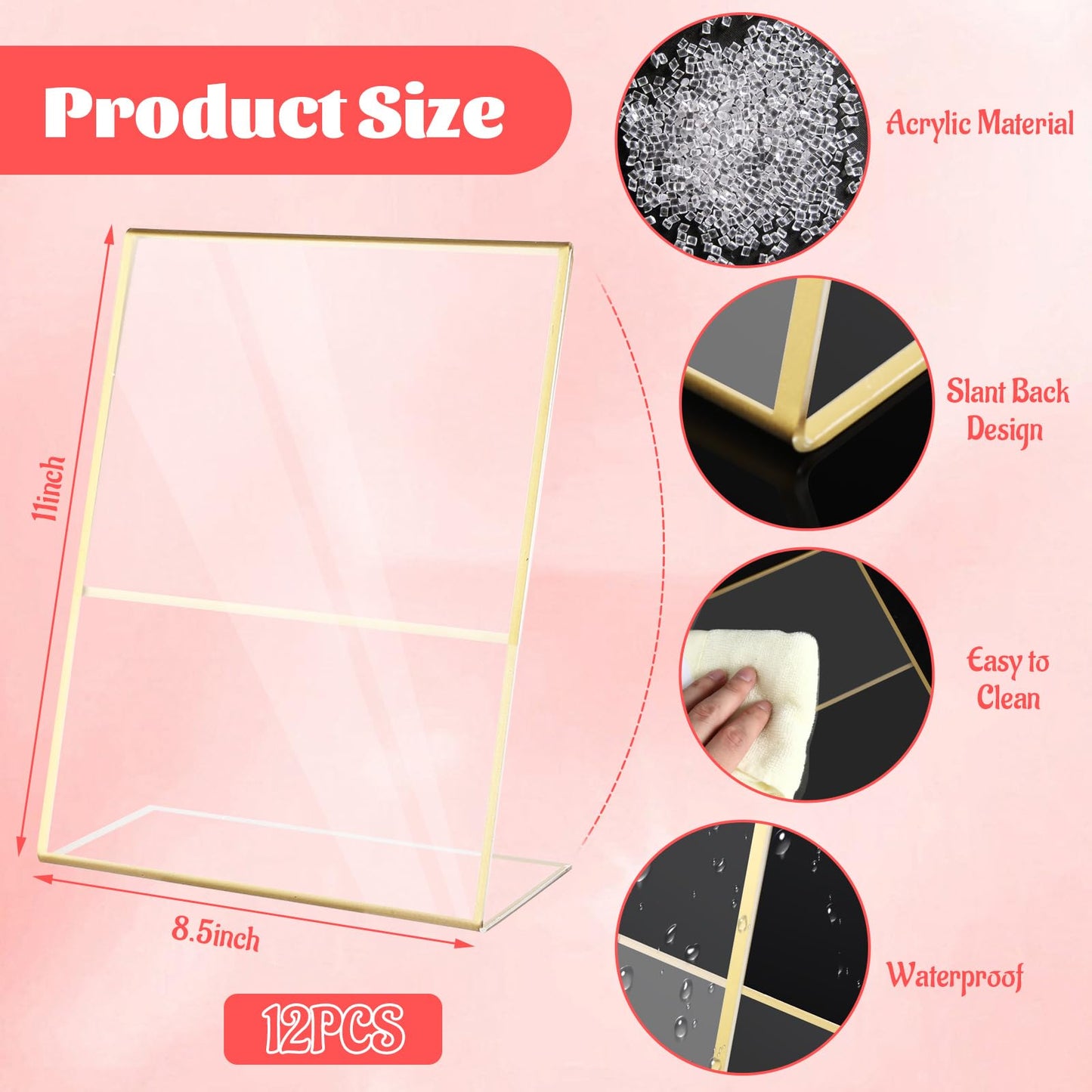 LISHINE 12 Pack Acrylic Sign Holder 8.5 x 11 Gold Vertical Plastic Sign Holder 8.5 x 11 Standing Clear Flyer Display Holder Menu Picture Paper Display Stand for Hotel, Office, Restaurant