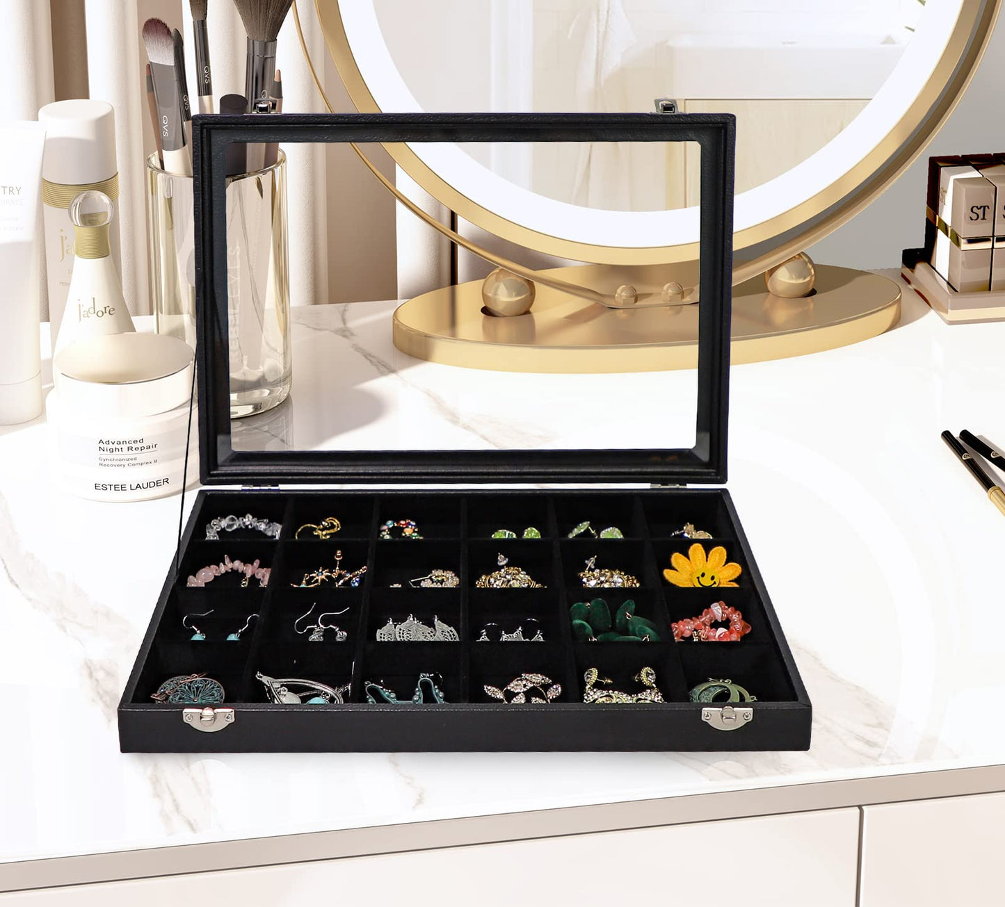 Wudygirl Earring Organizer 24 Grid Jewelry Organizer with Glass Lid Adjustable Jewelry Box Jewelry Display for Rings Necklace Bracelet Earrings Storage（Black 24 Grid）