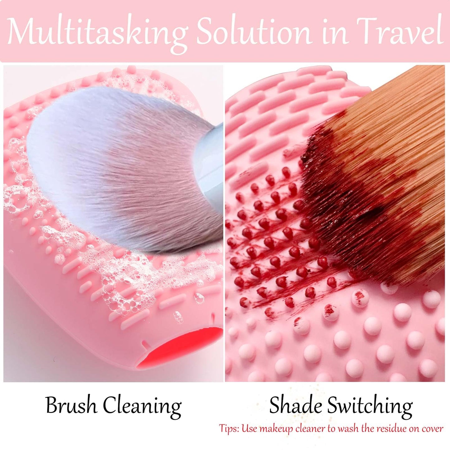 Silicone Travel Make-up Brush Holder with Cleaner Mat Pad, Organizer Case Covers for Foundation Eye Lip Brushes Storage Cleaning, Gift for Women Girl-friend Mother Wife, 5-Pcs Large + 7 Small, Pink