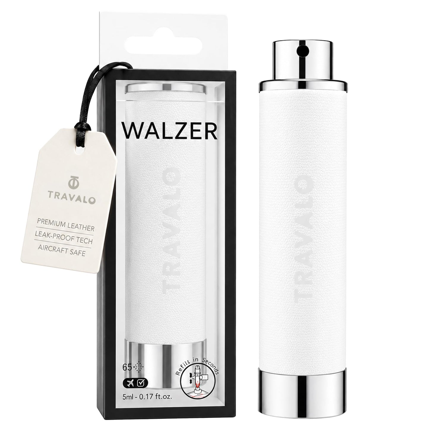 Travalo Walzer Refillable Perfume Atomizer - Pocket-Size, Leak-Proof, Glass-Free Spray Bottle Safe for Air Travel - Mini Perfume Bottle with White Leather Cover