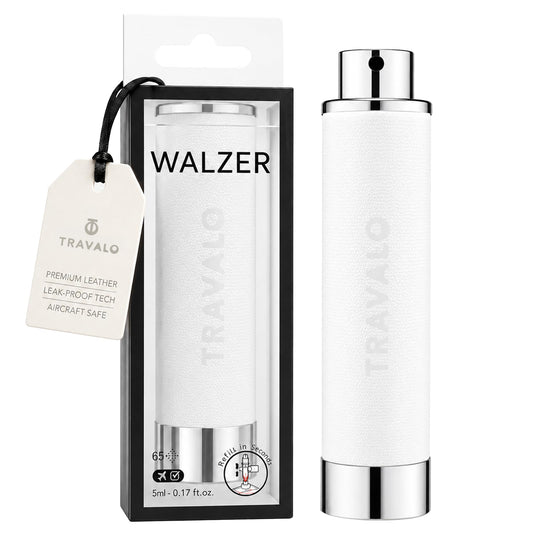 Travalo Walzer Refillable Perfume Atomizer - Pocket-Size, Leak-Proof, Glass-Free Spray Bottle Safe for Air Travel - Mini Perfume Bottle with White Leather Cover