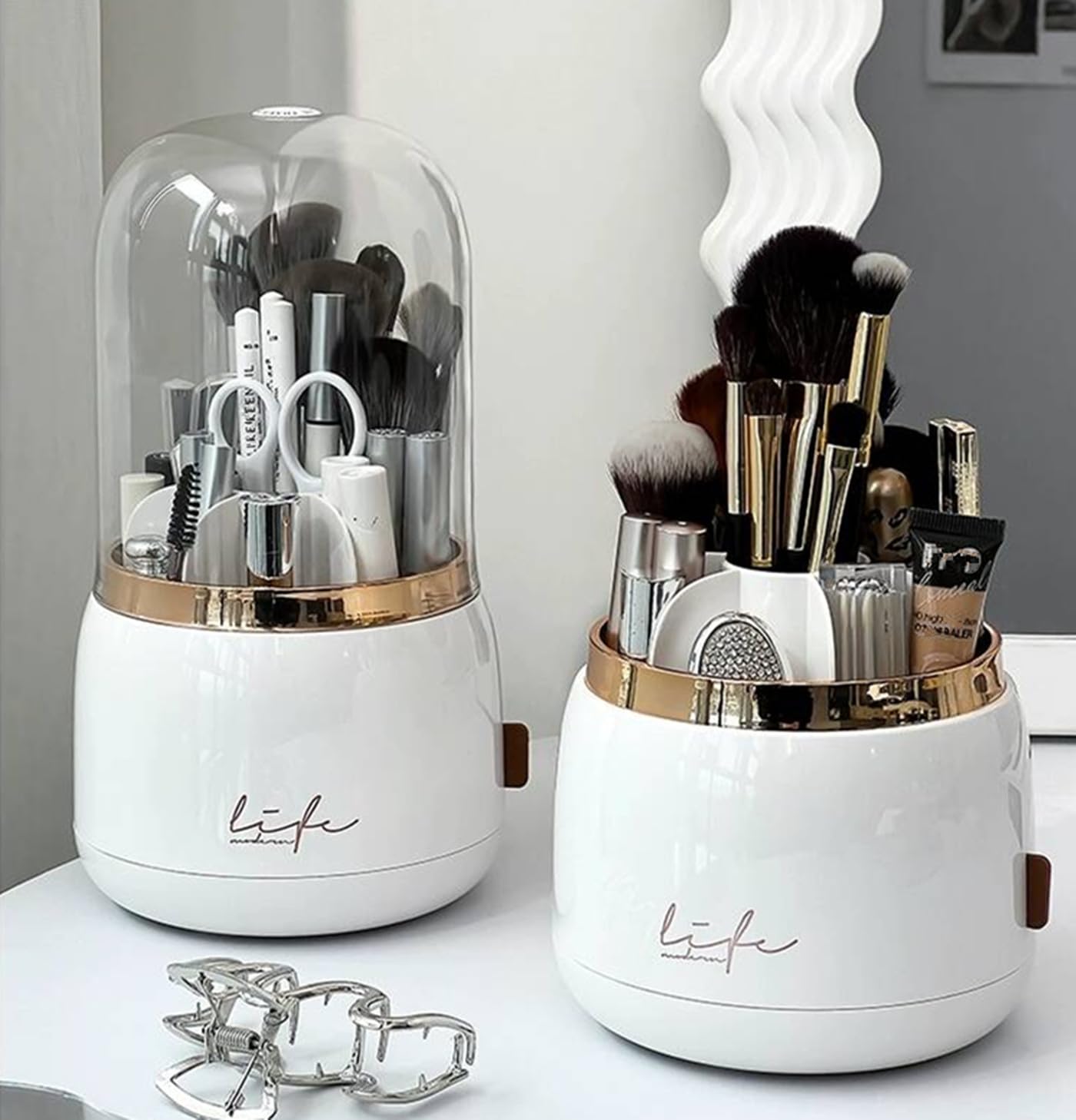 YZEASYPINK 360 Rotating Makeup Brush Holder with Lid Clear Dustproof Make Up Organizers for Vanity Countertop Includes a Foldable Bowl for Cleaning Makeup Brush Transparent Dustproof (White)