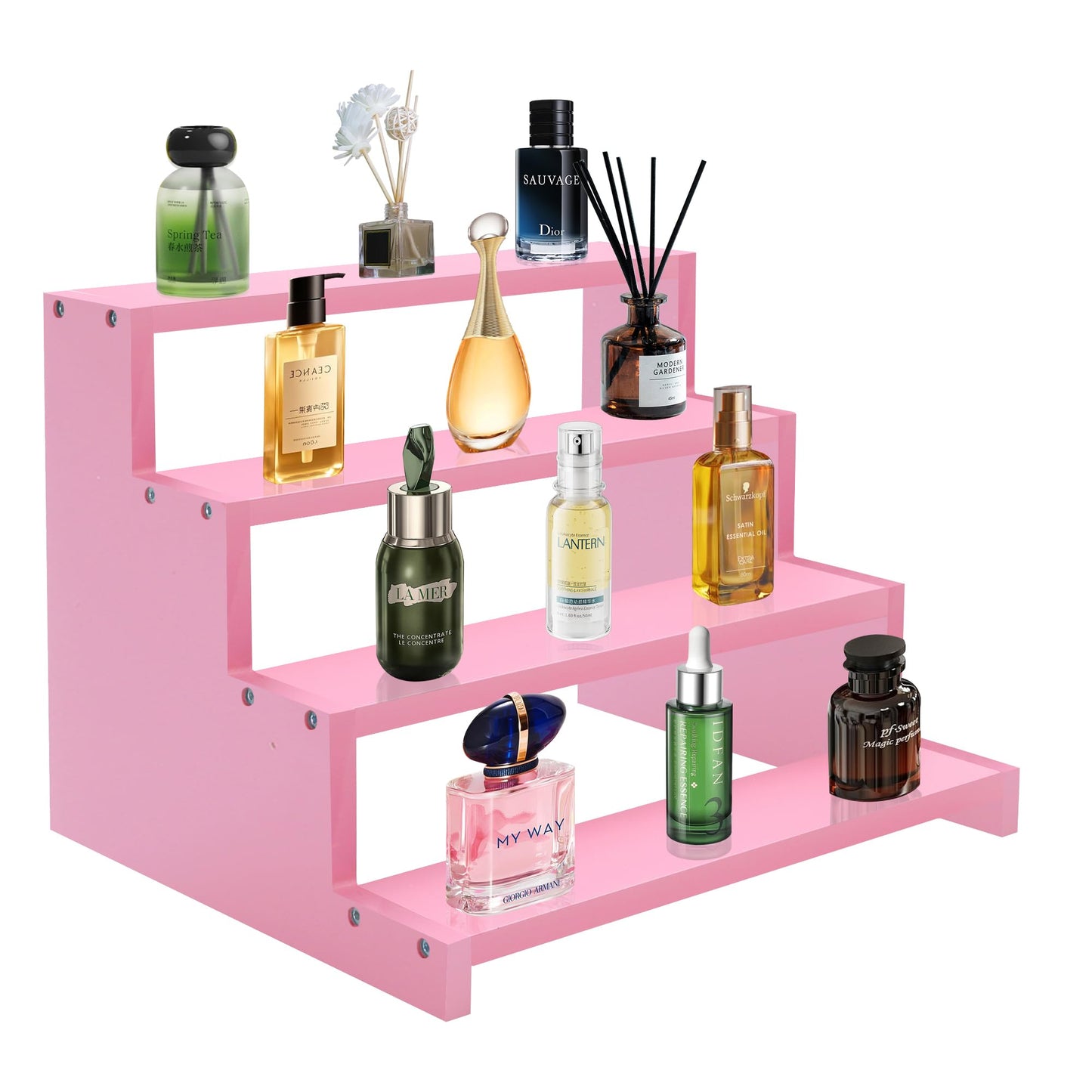 Turesmith Wooden Perfume Stand for Women 4 Tier Pink Perfume Organizer Stand Perfume Display Shelf & Holder for Women’s Dresser & Vanity Desktop Rack for Fragrance Figures Dessert Cupcakes Decoration