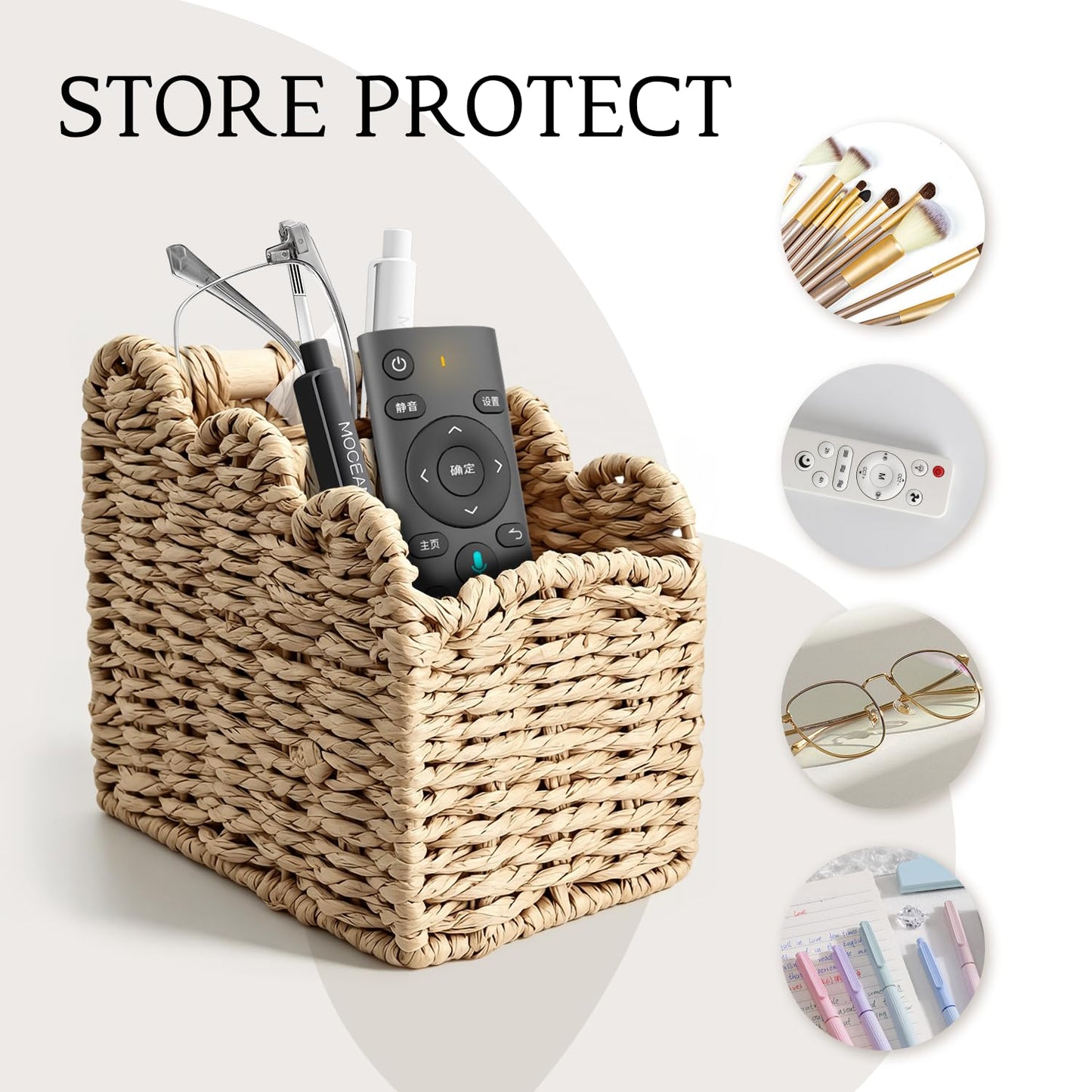 Obantrsz Remote Control Holder, 2-Slot Paper Rope Woven Desk Organizer Caddy with Scalloped Edge – 5.7" x 3.7" x 5.5" Beige Bedside Storage for Pens, Makeup Brushes, Living Room & Office Decor