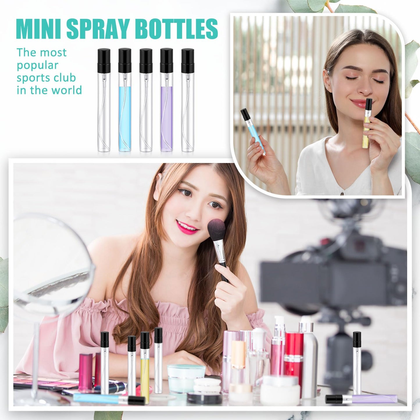 Zhehao 100 Pcs Mini Spray Bottles 10 ml Clear Glass Perfume Bottles Refillable Fine Mist Perfume Atomizer Portable Empty Sample Containers for Cleaning, Essential Oils, Travel (Black Cap)