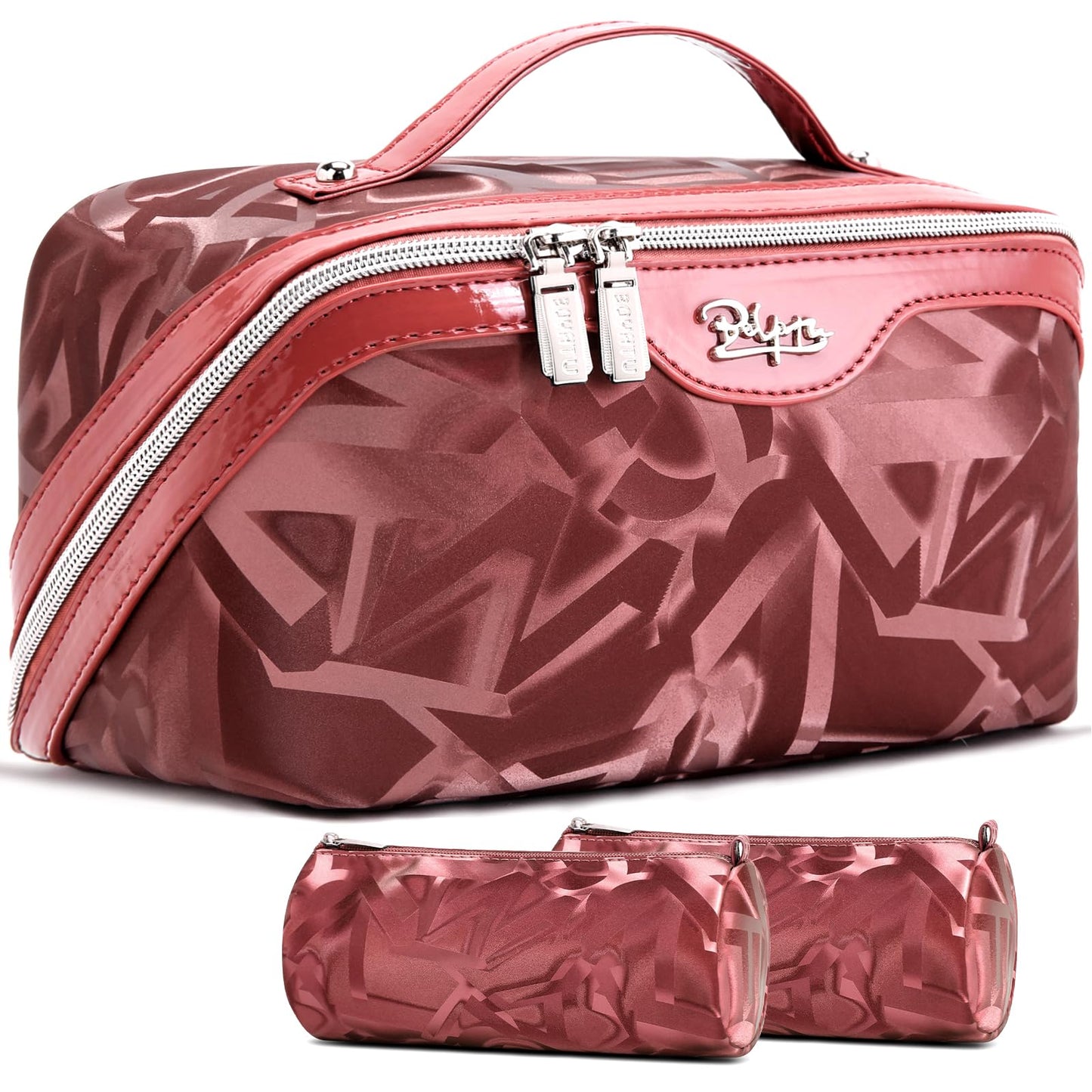 BOYATU Travel Makeup Bag for Women: Y2K Aesthetic Personalized Glossy 3 Pcs Set Cosmetic Organizer Bag - Trendy Statement Toiletry Pouches for Forward Women - Stand Out at Festivals & Trips(D-4-Red)