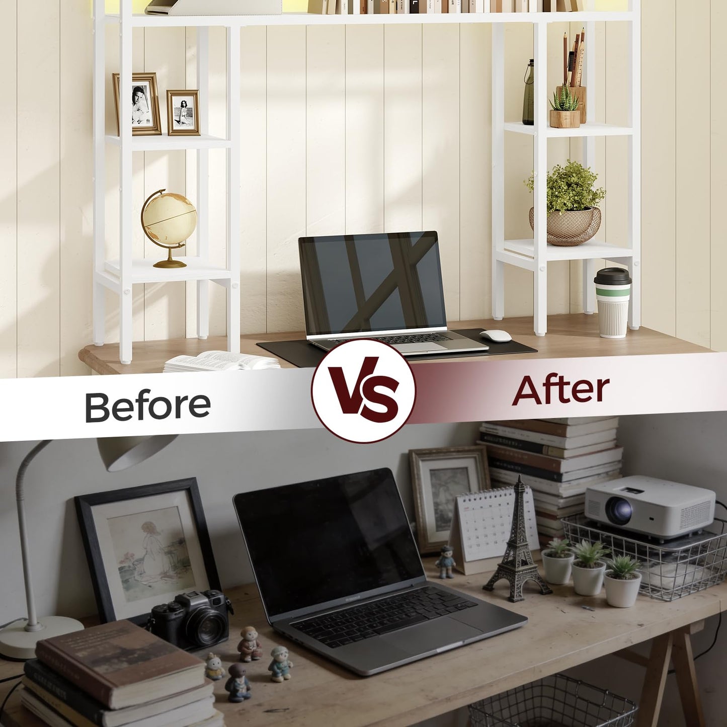 MAHANCRIS Desk Shelf, 43.3" Desk Hutch with Light Strip, Office Desktop Organizer, 5 Tier Desktop Bookshelf for Computer Monitor, Storage Rack for Study, Home Office, White DSWT9801