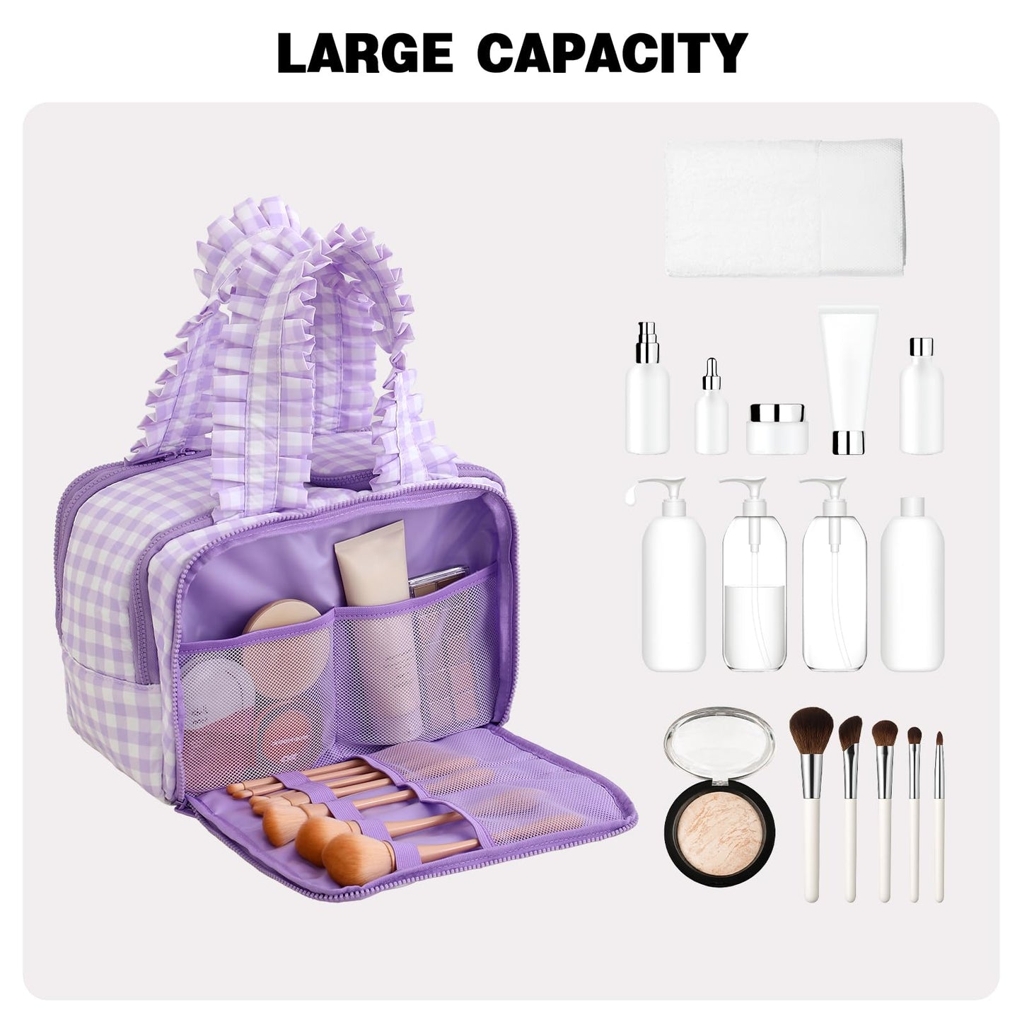 THOVSMOON Travel Toiletry Bag for Women,Water-resistant Large Gingham Makeup Cosmetic Organizer with Ruffles Handle for Traveling, Toiletries, Cosmetic, Essentials Accessories(Purple Gingham)