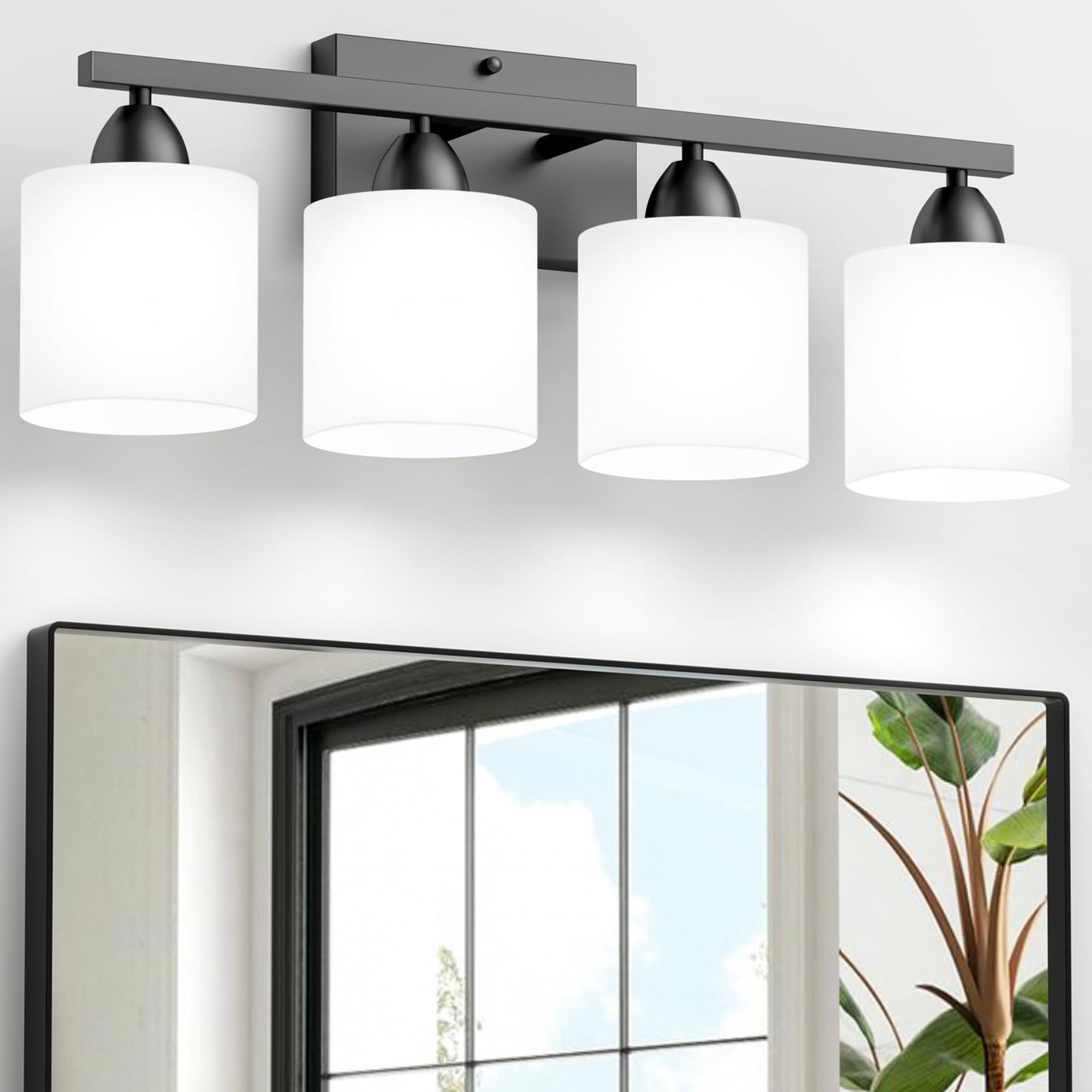 Dekang Black Bathroom Lighting Fixtures Over Mirror, 4-Light Anti-Rust Vanity Light for Bathroom, 24Inches Modern Wall Sconce, Standard E26 Base, Milky White Glass Shades, Bulbs Not Included