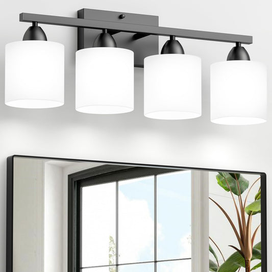 Dekang Black Bathroom Lighting Fixtures Over Mirror, 4-Light Anti-Rust Vanity Light for Bathroom, 24Inches Modern Wall Sconce, Standard E26 Base, Milky White Glass Shades, Bulbs Not Included
