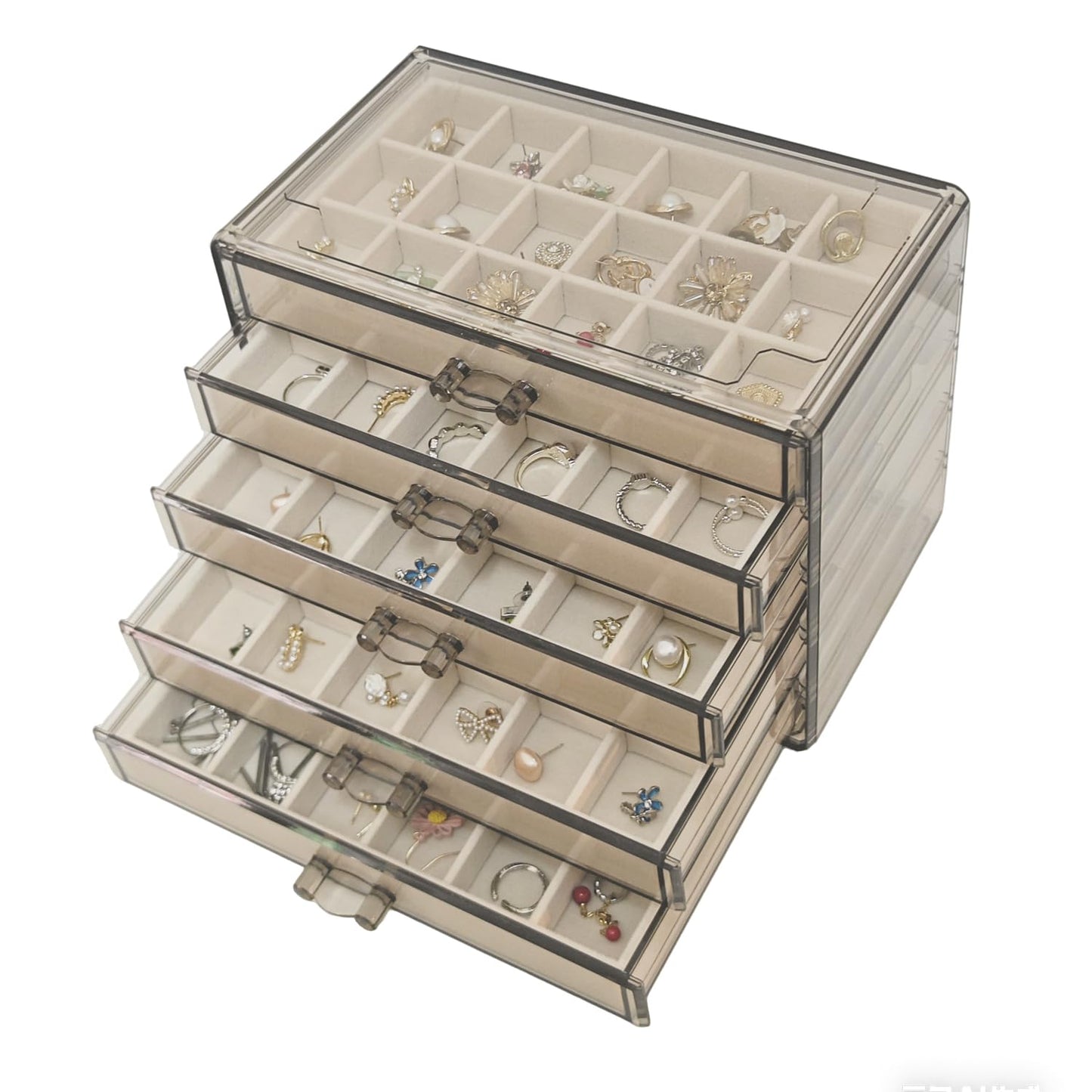 HOUKANWE Acrylic Earring Holder Organizer with 5 Drawers Clear Earring Organizer Box with 90 Adjustable Grids Velvet Earring Display Case Jewelry Organizer for Earrings Rings Studs (Brown Beige)