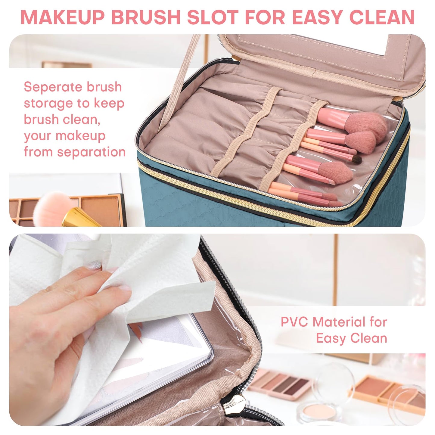 HXLGMD Large Makeup Bag with Mirror Double Layer Travel Make Up Organizer Case, Large Capacity Coemetic with Brush Slot Divider, Travel Toiletry Bag for Women (Lake Blue)