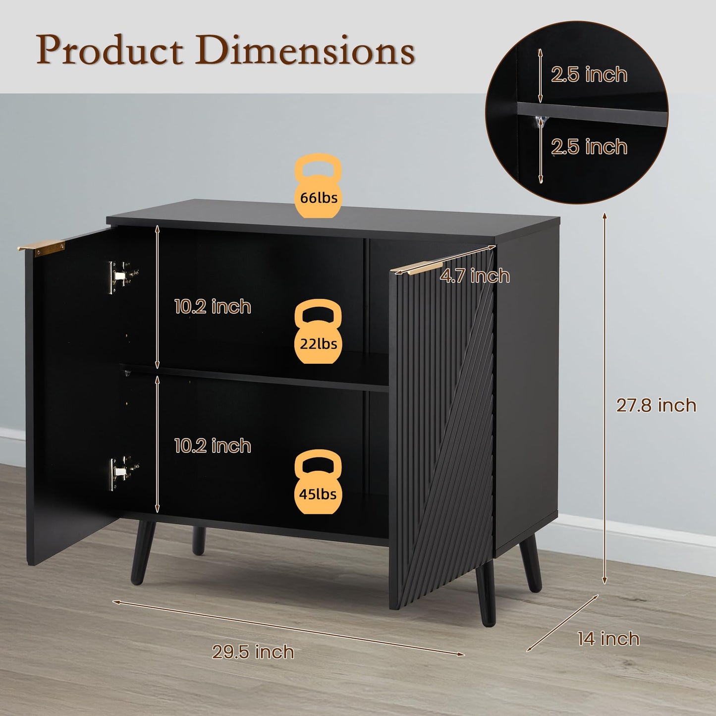 HOMHUM Fluted Black Storage Cabinet with Doors, Wood Sideboard Buffet Cabinet with Adjustable Shelf, Modern Accent Table for Living Room, Entryway