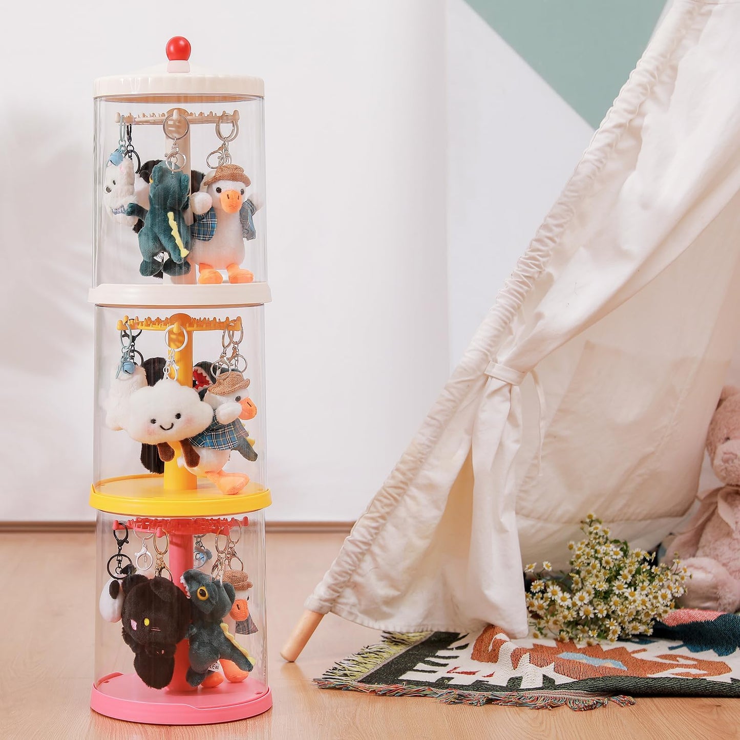 360° Rotating Clear Display Case for 5.9-6.7 Plush Dolls, Collectible Toy, Action Figures, Transparent Dust-Proof Protective Storage Box with Cover, Stackable, Yellow