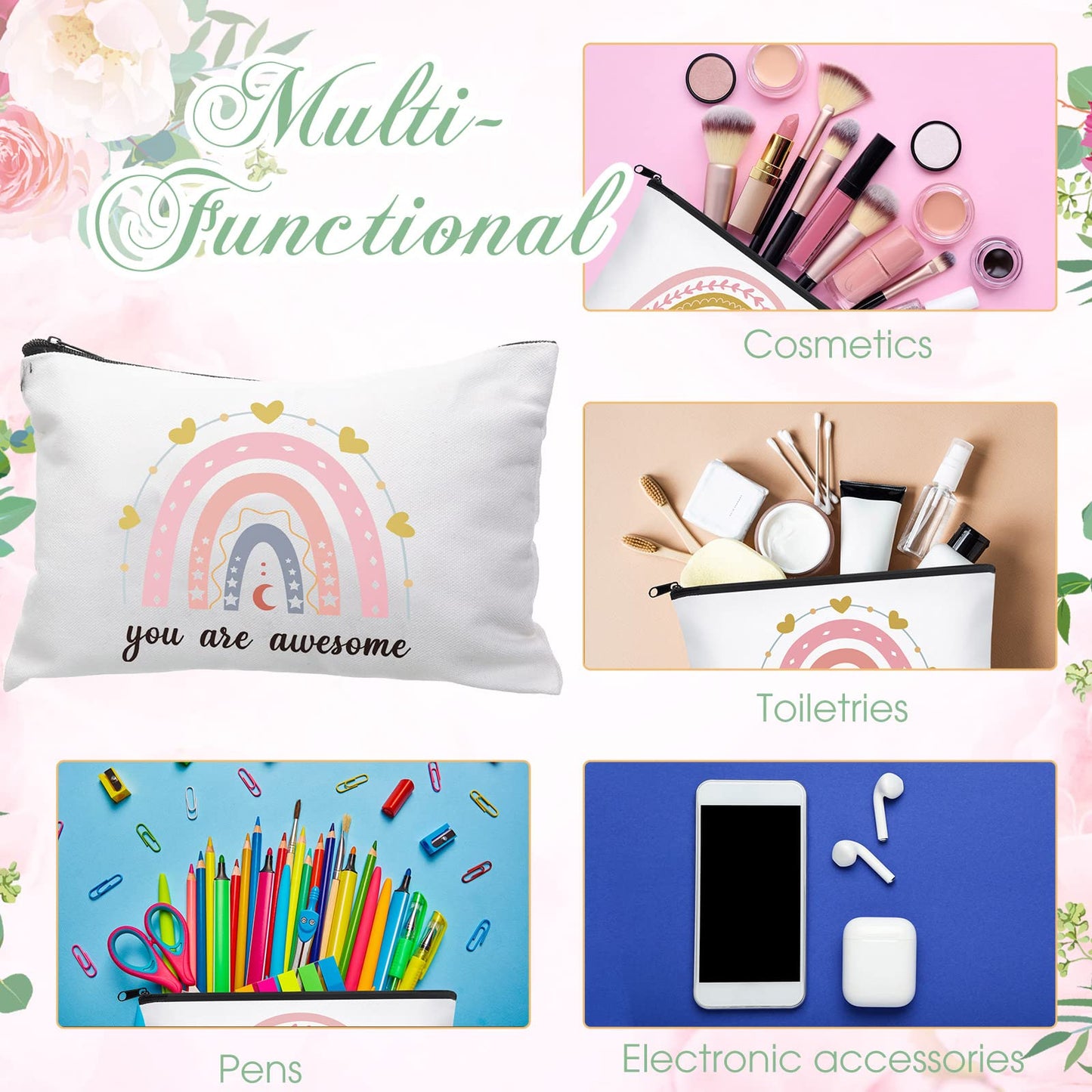 Chunful 10 Pieces Inspirational Canvas Makeup Bags for Women Graduation Gift Rainbow Canvas Cosmetic Bags Bulk with Zipper Friendship Gift Travel Toiletry Pouch(Moon Style)