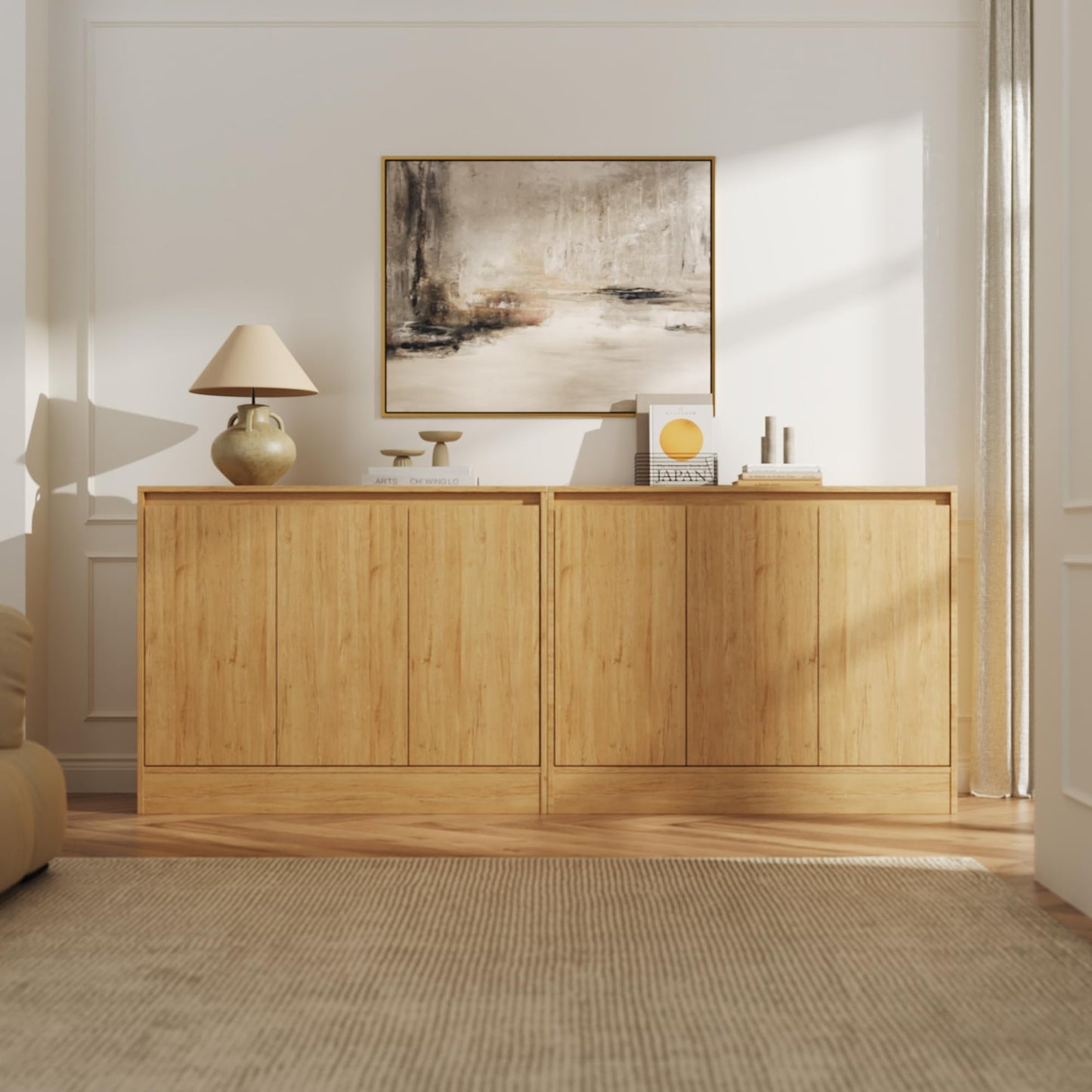 Housoul Buffet Cabinet with 3 Doors, Modern Kitchen Buffet Sideboard, Wood Coffee Bar Cabinets with Adjustable Shelf for Living Room, Dining Room, Entryway, Natural