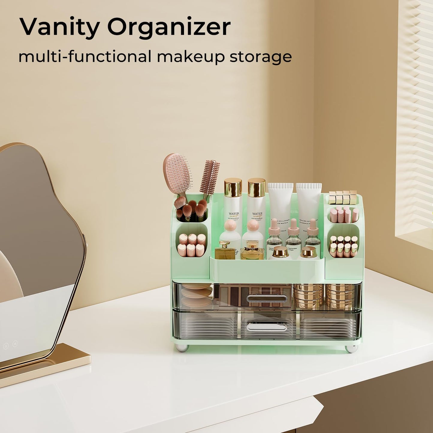 UFORU Makeup Organizer for Vanity with 2 Large Drawers, Cosmetic Display Case with Brush Holders, Easy to Storage for Bathroom Countertop Skincare, Perfume, Green