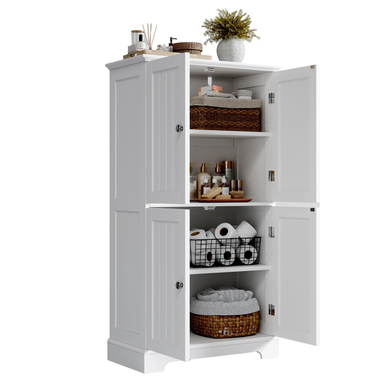 ChooChoo Bathroom Floor Cabinet, Modern Bathroom Storage Cabinet with 4 Doors and Adjustable Shelves, Freestanding Cupboard for Living Room, White