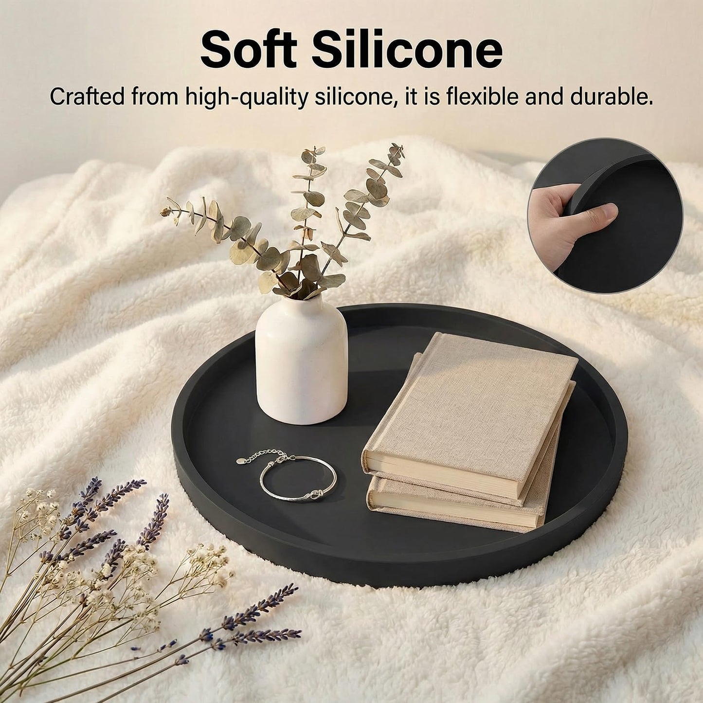 Round Tray Silicone Black, 10.6 Inch Bathroom Tray Countertop Decor, Vanity Trays for Bathroom Organizers, Waterproof Bathroom Tray for Counter, Decorative Coffee Table Tray
