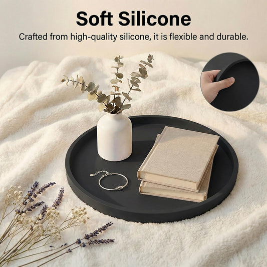 Round Tray Silicone Black, 10.6 Inch Bathroom Tray Countertop Decor, Vanity Trays for Bathroom Organizers, Waterproof Bathroom Tray for Counter, Decorative Coffee Table Tray