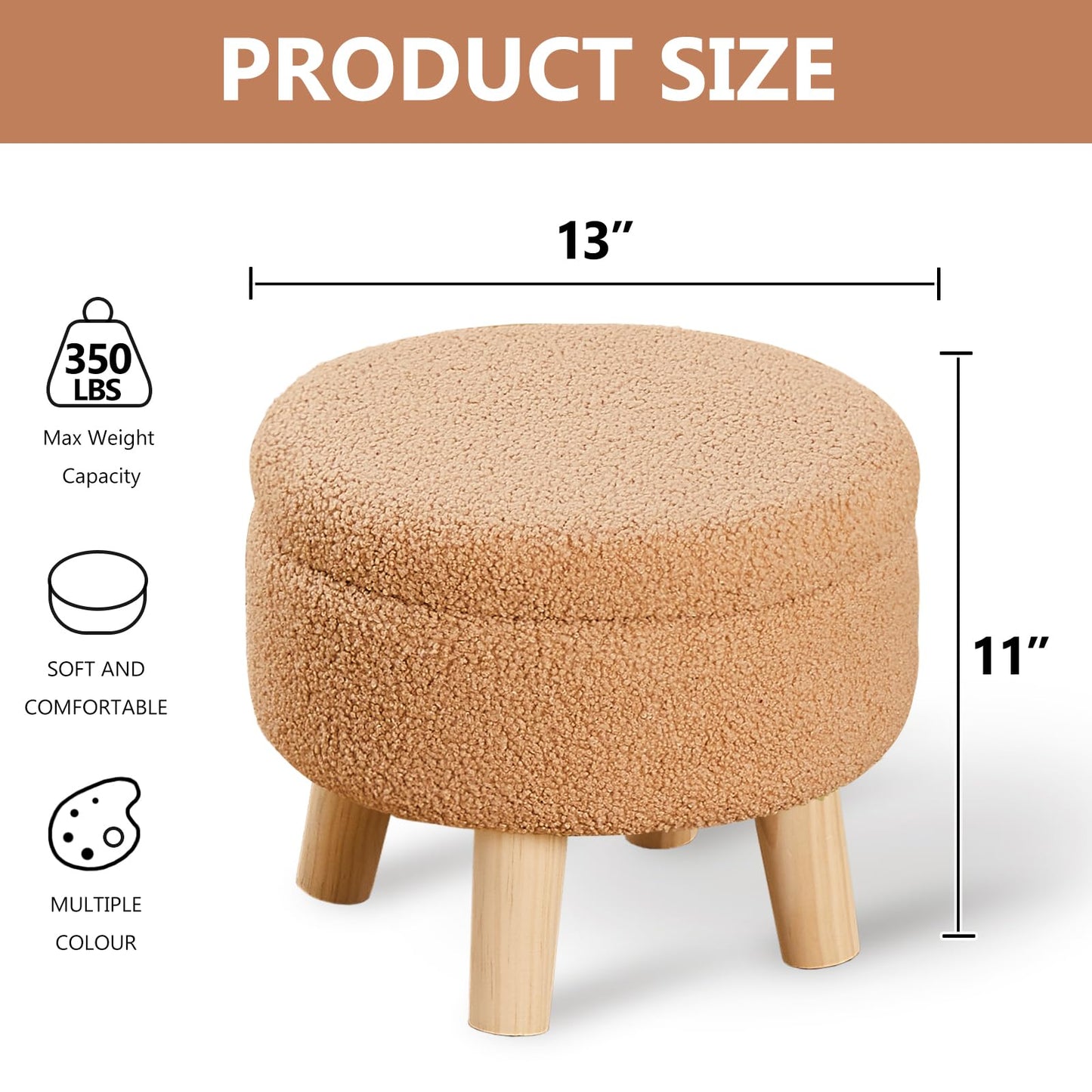 Wimarsbon Storage Ottoman, Modern Round Footrest with Soft Padded Seat, Teddy Velvet Footstool with Wood Legs, Accent Small Table or Plant Stand for Hallway, Living Room (Champagne)