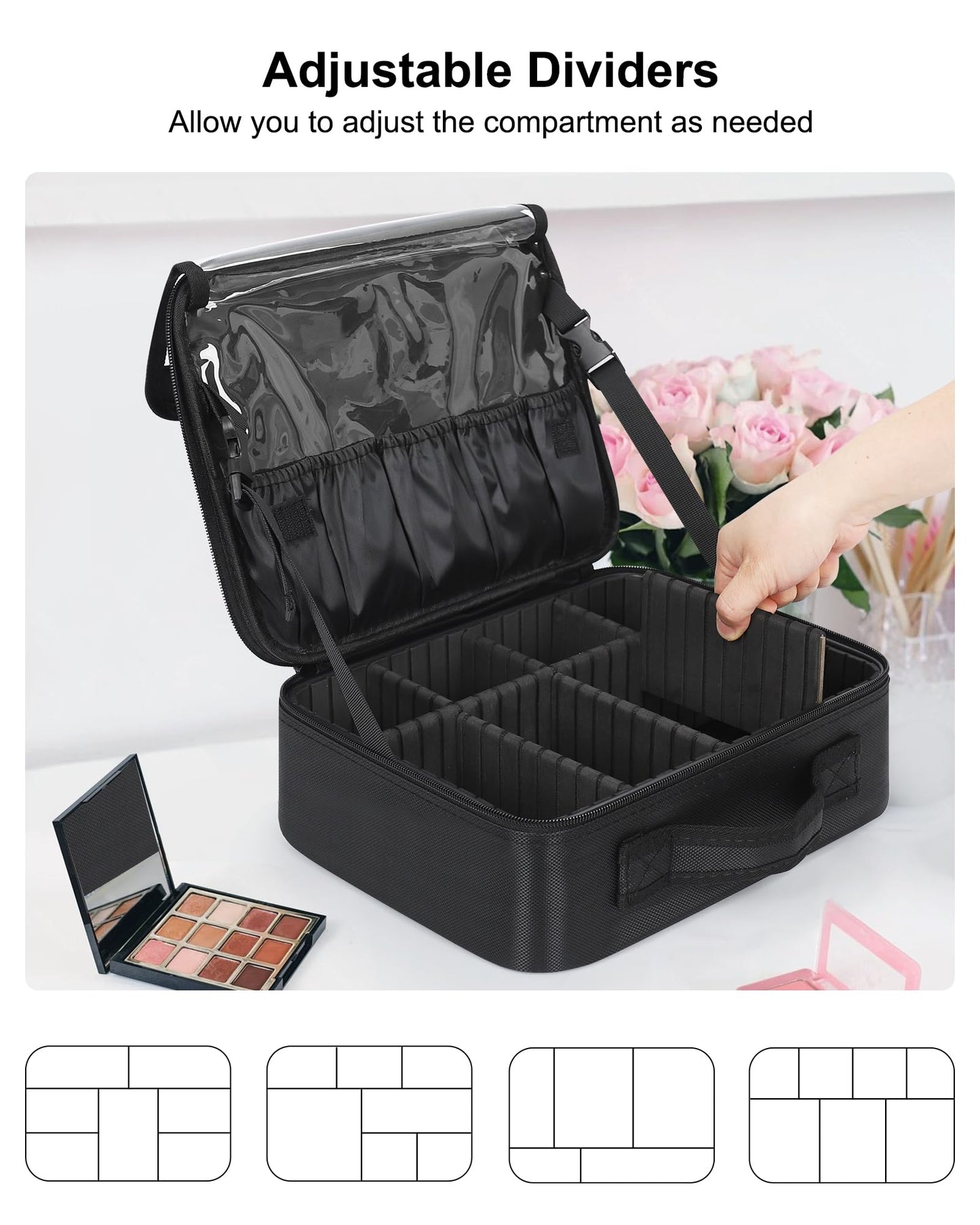 Relavel Makeup Bag Large Cosmetic Bag Travel Train Case Toiletry Bag for Women with Adjustable Dividers, Travel Essentials Organizer Case Storage Box for Skincare, Brushes, Black