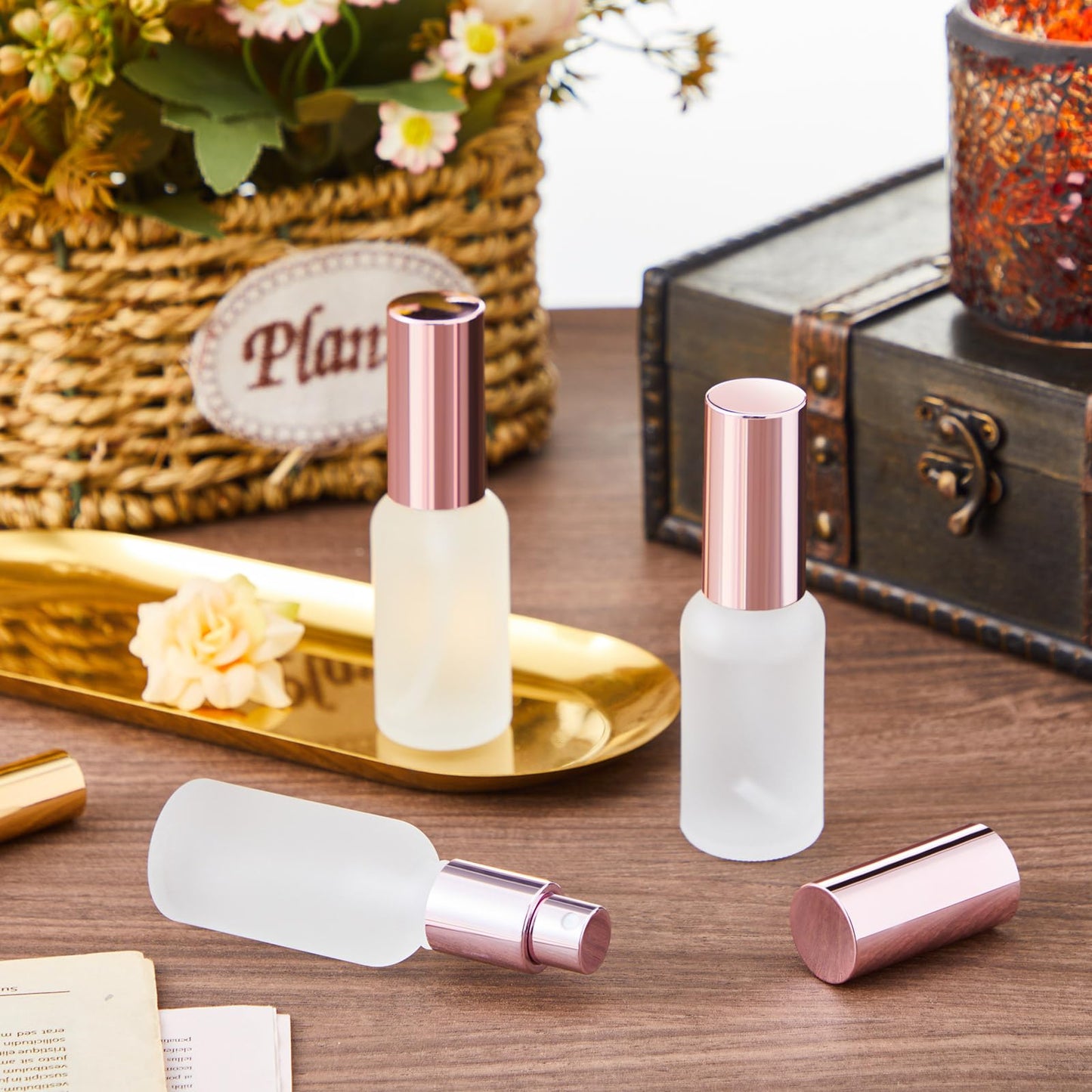 Roshtia 30 Pcs Glass Spray Bottle Clear Empty Bottles Small Refillable Reusable Perfume Bottle with Fine Mist Sprayer Pump for Face Body Travel(1 oz,Rose Gold)