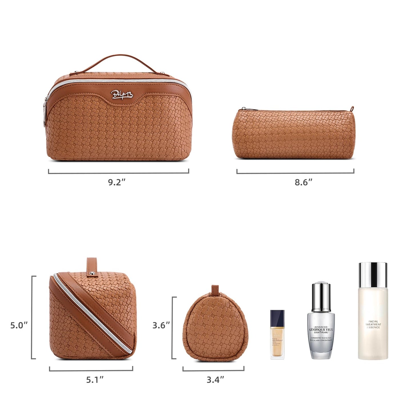 BOYATU Travel Makeup Bag Cosmetic Bags for Women: Large Capacity 3 Pcs Set Make up Bag with Compartments - Waterproof Vegan Leather Toiletry Organizer Bags with Handle (L53Brown)